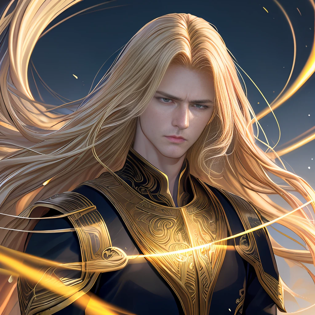 Masterpiece, high quality, best quality, beautiful, HD, realistic, perfect lighting, detailed face, detailed body, 1 man, (long blonde hair), golden eyes, godly spirit, (solemn expression: 1.5) (serious face: 1.5), hovering in the air, golden light shining, vista