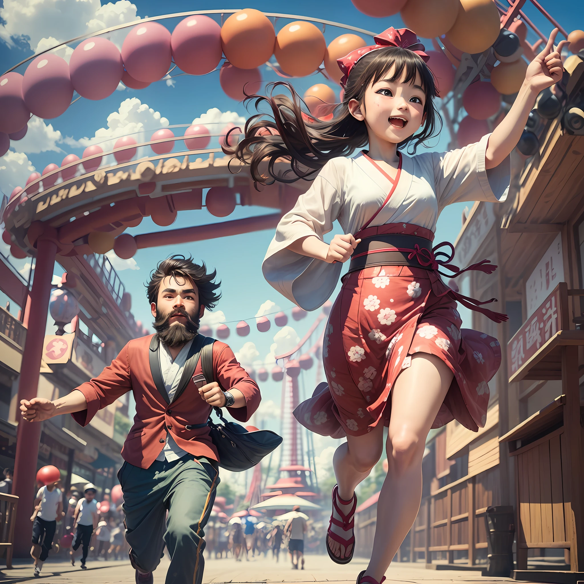 a boy with beard and a Japanese girl running, amusement park, holding balloons, happy, happy, perfect quality, clear focus, colorful, perfect face, intricate details, ultra-low viewing angle, wide-angle lens --v 6