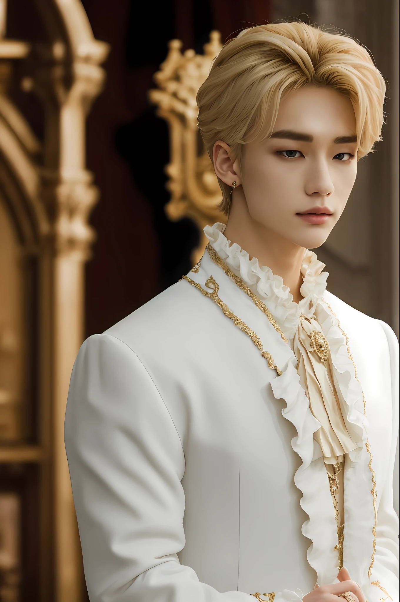hyunstayv2, front facing, twink, parted lips, (blonde hair:1.2), white and gold prince regal outfit, frilly clothing, (ultra realistic:1.2), (close-up photo:1.1), (gothic european castle background:1.2), (intricate:1.2), (looking at viewer:1.2),