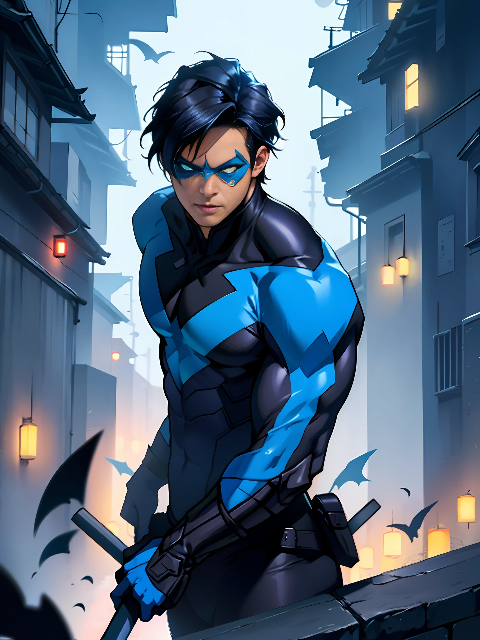 [(dynamic and heroic Pose, 1 Nightwing), (mysterious character), dark background, shadows, blue aura]:0.8
