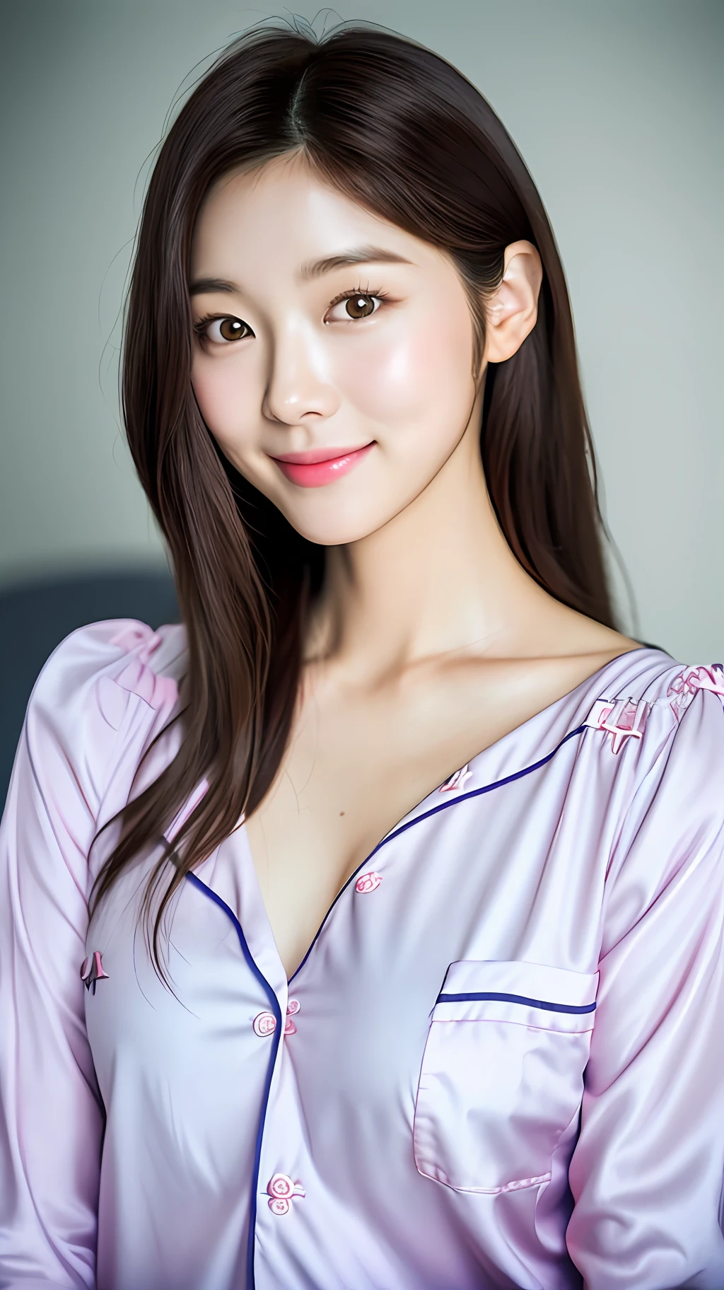 realistic photos of (1 cute Korean star) Shoulder-length hair, thin makeup, medium breasts size, slightly smile, cute pyjamas, clear facial features, 16K, pov, f/16, 85mm, Nikon, dithering, chromatic aberration abuse, UHD, masterpiece, best quality