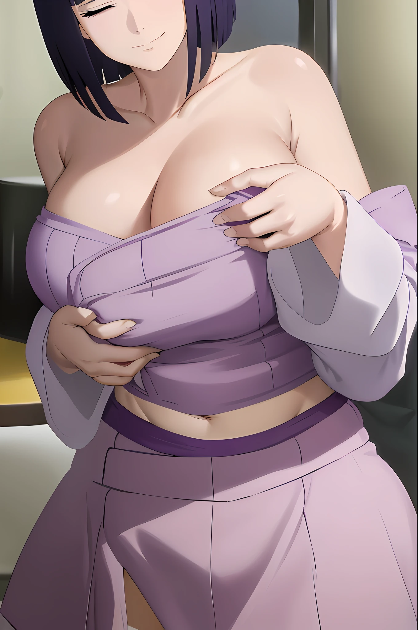 masterpiece, absurdres,hinata\(boruto\), 1girl,mature female, solo,smile, purple hoodie, off shoulder,cleavage, purple pants, bra, sweat, hand on own chest, (large breasts), (evil smile), wide hips, (half closed eyes), grabbing own breast, sweat,