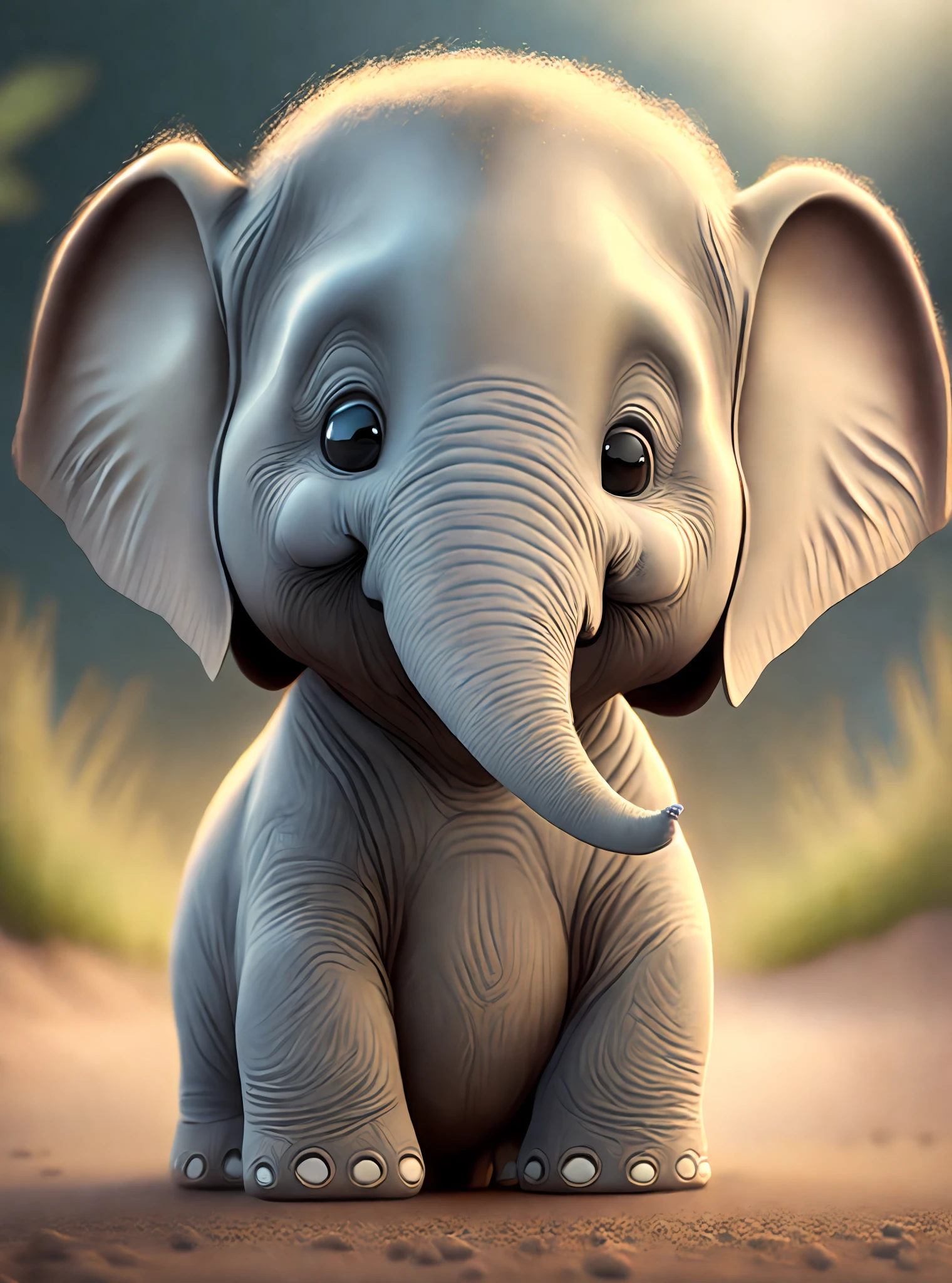 one happy cute elephant, portrait, outdoors, background space, toon, pixar style, 3d, cartoon, detailed face, asymmetric, upper body