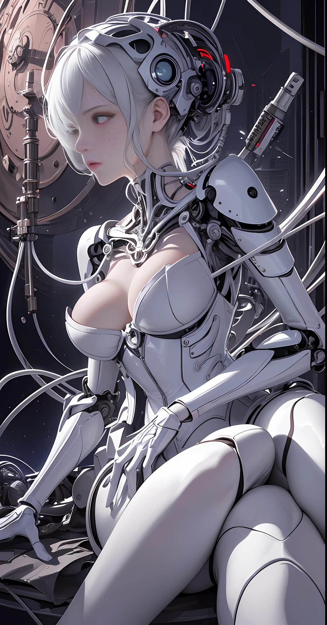Complex 3d rendering very detailed beautiful ceramic silhouette female robot face, robot, robot parts, 150 mm, beautiful studio soft light, edge light, vibrant details, luxurious cyberpunk, lace, surrealism, anatomy, facial muscles, cable wire, microchip, elegant, beautiful background, octane rendering, HR Giger style, 8k, best quality, masterpiece, illustration, very refined and beautiful, very detailed, CG, unified, wallpaper, (realism, Realism: 1.37), amazing, fine details, masterpiece, best quality, official art, very detailed CG unified 8k wallpaper, ridiculous, incredibly ridiculous, robot, silver helmet, full body, sitting, (masterpiece, top quality, best quality, official art, Beauty and aesthetics: 1.2), (1girl: 1.3), extremely detailed, colorful, most detailed ((super detailed)), (highly detailed CG illustration), (very delicate and beautiful), (from the side), cinema lights, ((1 mechanical girl)), single, full, (machine-made joints: 1.2), ((mechanical limbs)), (blood vessels connected to tubes), (mechanical vertebrae attached to the back), ((mechanical cervical vertebrae attached to the neck)), (sitting), expressionless, (Wires and cables attached to the neck: 1.2), (Wires and cables on the head: 1.2) (character focus), Science fiction, white background, (blood: 1.5)
