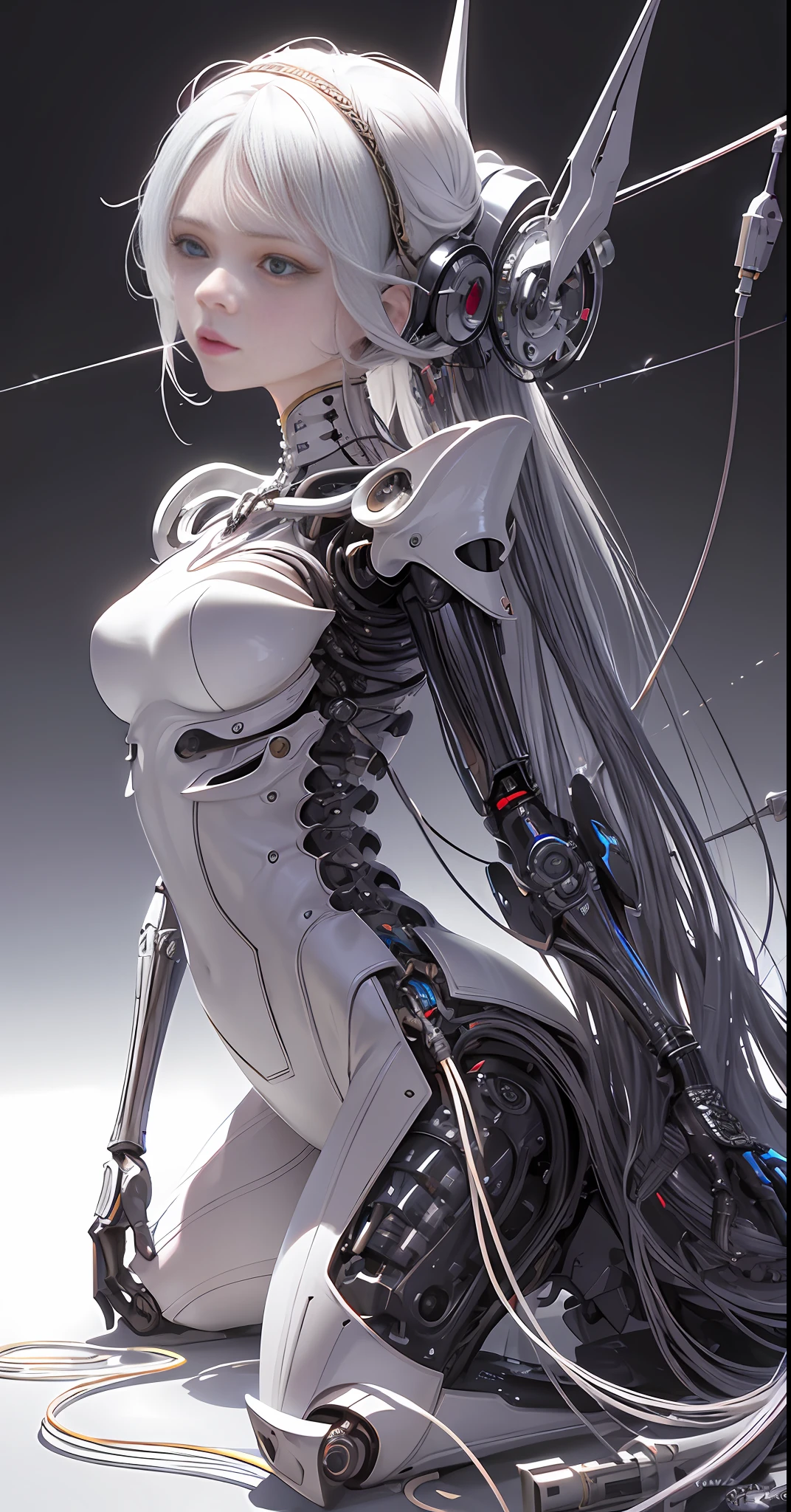 Complex 3d rendering very detailed beautiful ceramic silhouette female robot face, robot, robot parts, 150 mm, beautiful studio soft light, edge light, vibrant details, luxurious cyberpunk, lace, surrealism, anatomy, facial muscles, cable wire, microchip, elegant, beautiful background, octane rendering, HR Giger style, 8k, best quality, masterpiece, illustration, very refined and beautiful, very detailed, CG, unified, wallpaper, (realism, Realism: 1.37), amazing, fine details, masterpiece, best quality, official art, very detailed CG unified 8k wallpaper, ridiculous, incredibly ridiculous, robot, silver helmet, full body, sitting, (masterpiece, top quality, best quality, official art, Beauty and aesthetics: 1.2), (1girl: 1.3), extremely detailed, colorful, most detailed ((super detailed)), (highly detailed CG illustration), (very delicate and beautiful), (from the side), cinema lights, ((1 mechanical girl)), single, full, (machine-made joints: 1.2), ((mechanical limbs)), (blood vessels connected to tubes), (mechanical vertebrae attached to the back), ((mechanical cervical vertebrae attached to the neck)), (sitting), expressionless, (Wires and cables attached to the neck: 1.2), (Wires and cables on the head: 1.2) (character focus), Science fiction, white background, (blood: 1.5)