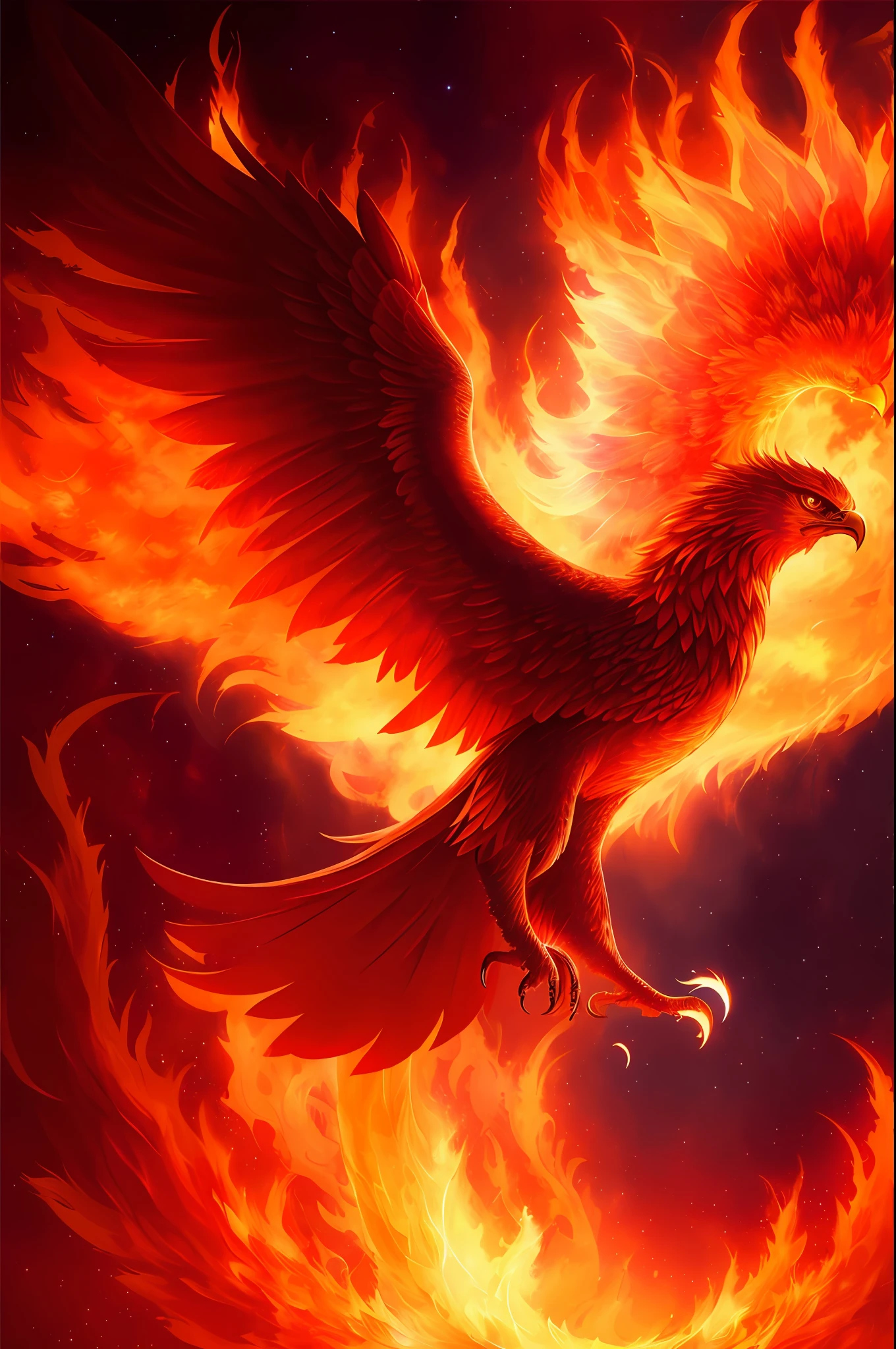 In this early morning, a flame phoenix, composed of flames, eagle claws, soaring in the air, the figure is light and elegant, bright golden glowing eyes, fiery red flames, flashing gold, red, orange and other colors, around the phoenix, there is a mysterious and ancient atmosphere, as if telling a legendary story, red tones, the scene is involuntarily awe-inspiring and mysterious, it makes you feel like you are in a mythical world, without humans, intricate, highly detailed, sharp, dramatic, by Midjourney and greg Realistic painting art by Rutkowski with bokeh in the background