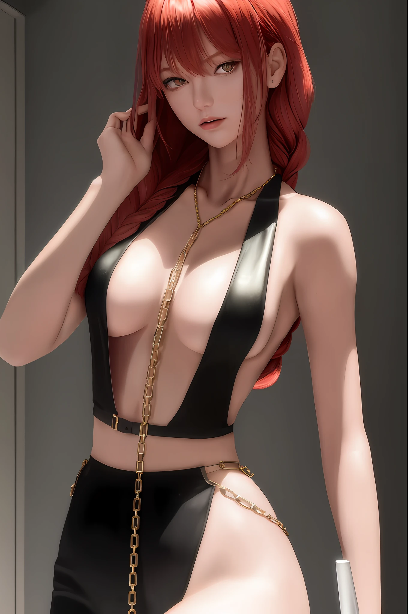 (masterpiece), (best quality), makima with Taylor Swift's face \ (chainsaw man\), best quality, ultra detailed, 1girl, solo, standing, red hair, long braided hair, golden eyes, bangs, large breasts, look, sensual smile, (bad: 1.2), looking at the viewer, (interview: 1.3), (dark background, chains: 1.3) breasts out,