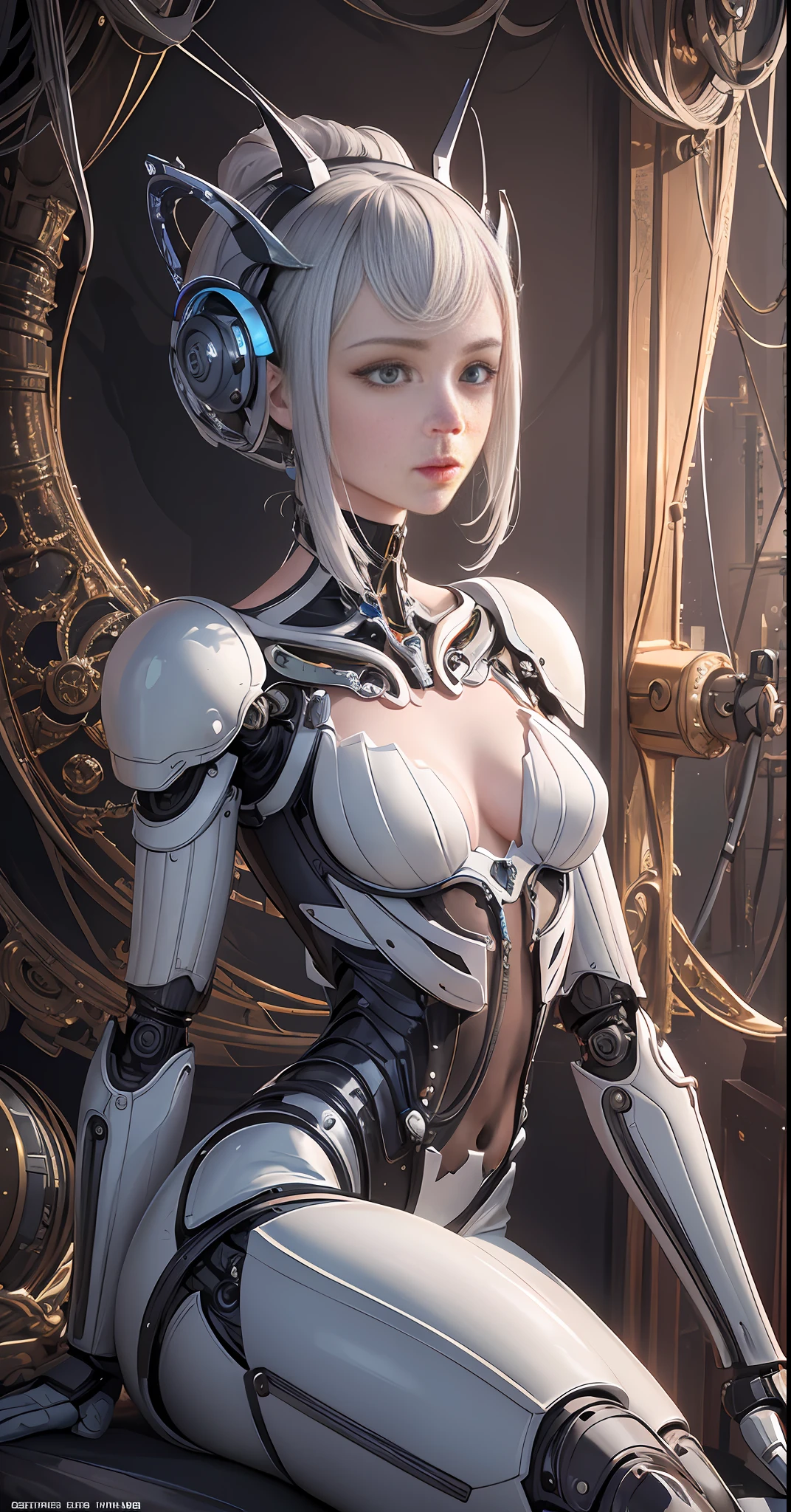Complex 3d rendering very detailed beautiful ceramic silhouette female robot face, robot, robot parts, 150 mm, beautiful studio soft light, edge light, vibrant details, luxurious cyberpunk, lace, surrealism, ???????, facial muscles, cable wire, microchip, elegant, beautiful background, octane rendering, HR Giger style, 8k, best quality, masterpiece, illustration, very refined and beautiful, very detailed, CG, unified, wallpaper, (realism, Realism: 1.37), amazing, fine details, masterpiece, best quality, official art, very detailed CG unified 8k wallpaper, ridiculous, incredibly ridiculous, robot, silver helmet, full body, sitting, (masterpiece, top quality, best quality, official art, Beauty and aesthetics: 1.2), (1girl: 1.3), extremely detailed, colorful, most detailed ((super detailed)), (highly detailed CG illustration), (very delicate and beautiful), (from the side), cinema lights, ((1 mechanical girl)), single, full, (machine-made joints: 1.2), ((mechanical limbs)), (blood vessels connected to tubes), (mechanical vertebrae attached to the back), ((mechanical cervical vertebrae attached to the neck)), (sitting), expressionless, (Wires and cables attached to the neck: 1.2), (Wires and cables on the head: 1.2) (character focus), Science fiction, white background, (blood: 1.5)