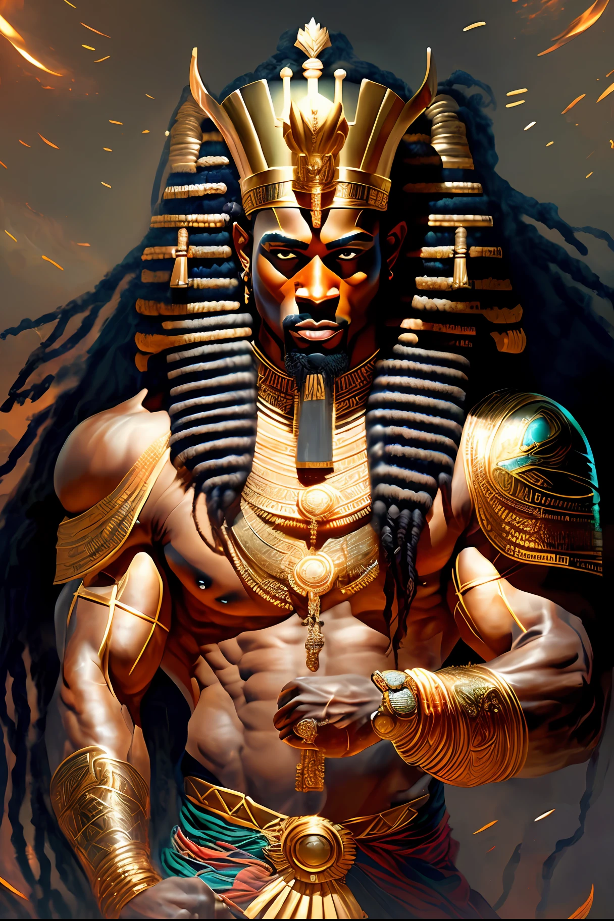 Highly (dynamic:1.2) scene art detailed (rutkowski:1.2), ((pharaoh crown of ramses II)), handsome, (dark skin), ((long woven dreadlocks)) ((muscular)), (fantastic amazing decoration:1.2), explosive volumetric, Delightful anatomy, (fantastic god perfect art, 64k ultra hd:1.1), (art by apterus, art by dan mumford:1.2)