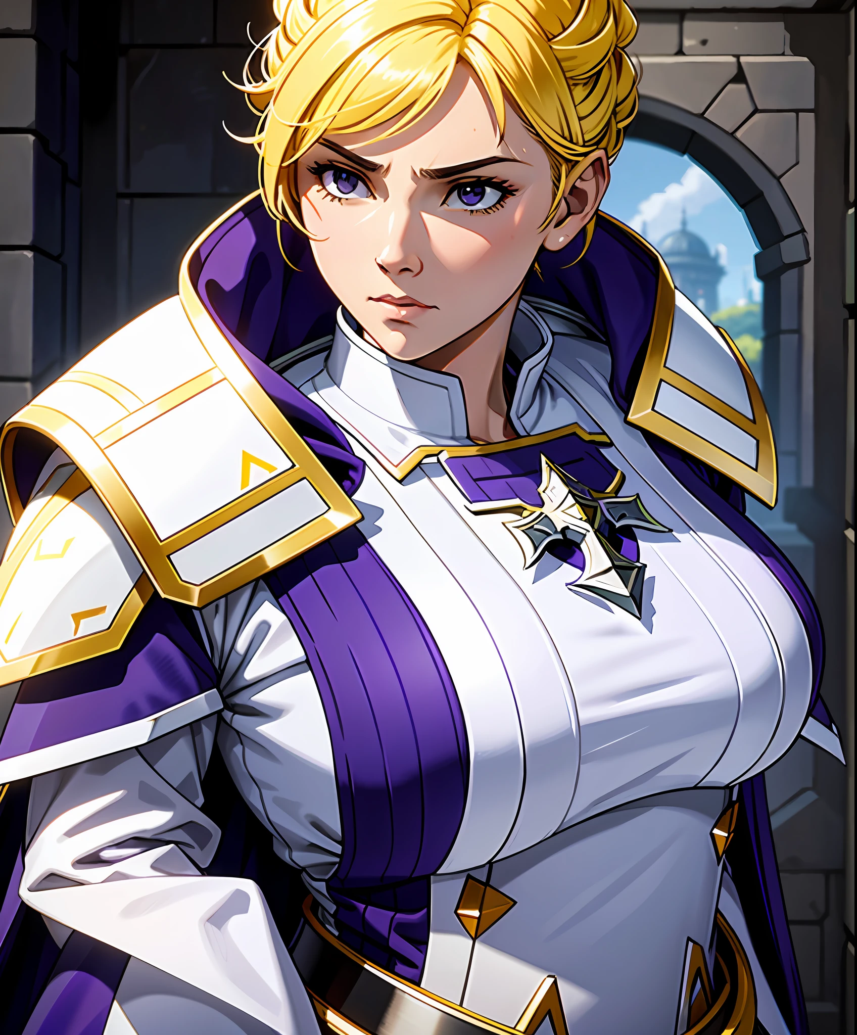 Close-up of strong woman in white and purple outfit, Portrait of Strong Knight Inquisitor, Strong Female Inquisitor, Portrait of Female Inquisitor, Strong Female Inquisitor, White Armor, Fantasy Woman Inquisitor, Strong Female Inquisitor, Strong Female Inquisitor, Beautiful Armor, Girl in Knightly Armor, Woman with Yellow Hair, Straw Hair, Strong Woman, Simple Hairstyle, Stern Face, Simple Face, Warrior Woman Face