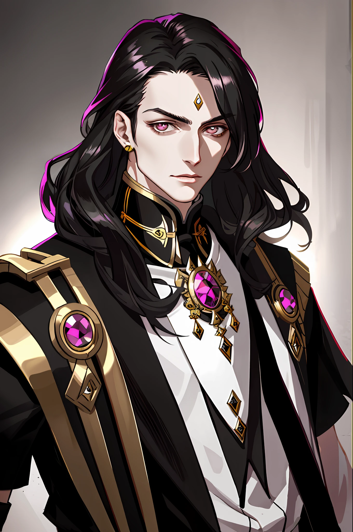 masterpiece, best quality, high resolution, 1boy, solo, emet selch, hair with white locks, photorealistic black hair, serious black samurai armor black with golden brown eyes pink mouth  lips
