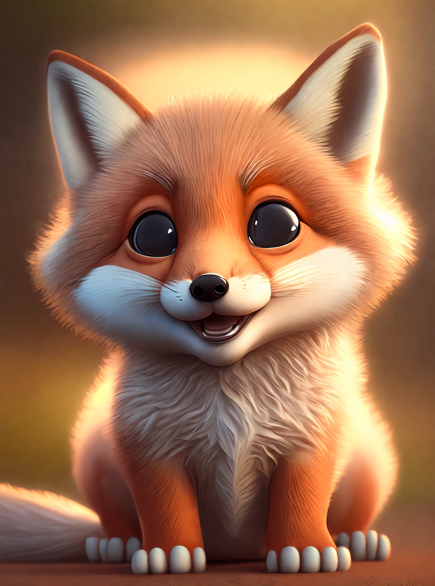 one happy cute fox, portrait, outdoors, background space, toon, pixar style, 3d, cartoon, detailed face, asymmetric, upper body