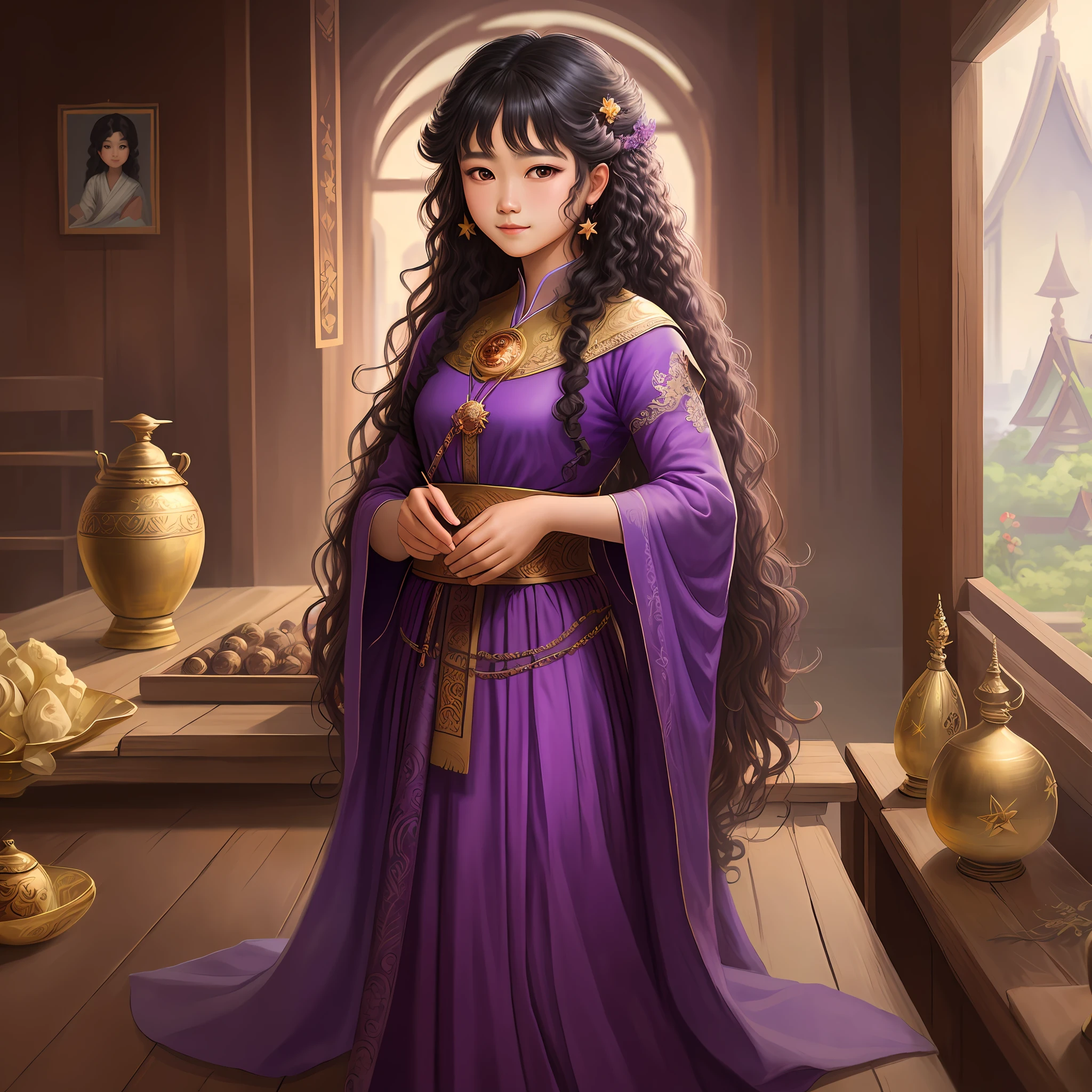 detailed background, masterpiece, best quality, 1 person, Thai Period , curly hair, long hair, purple eyes, star in eye ,