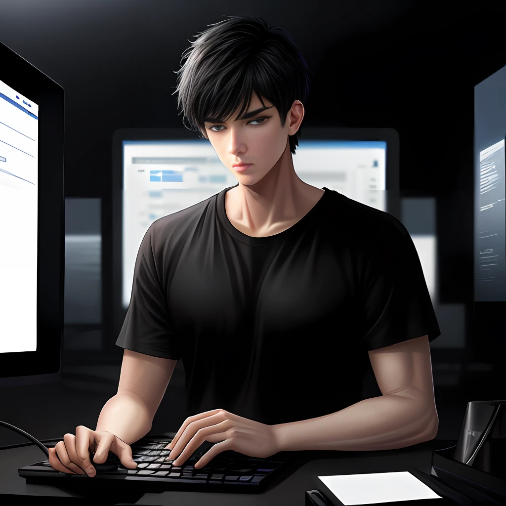 Masterpiece, high quality, best quality, beautiful, HD, realistic, perfect lighting, detailed face, detailed body, 1 man, (short black hair), golden eyes, masculinity, white t-shirt, (fog), (calm expression: 1.5) (calm face: 1.5), facing the computer, the score is displayed on the screen