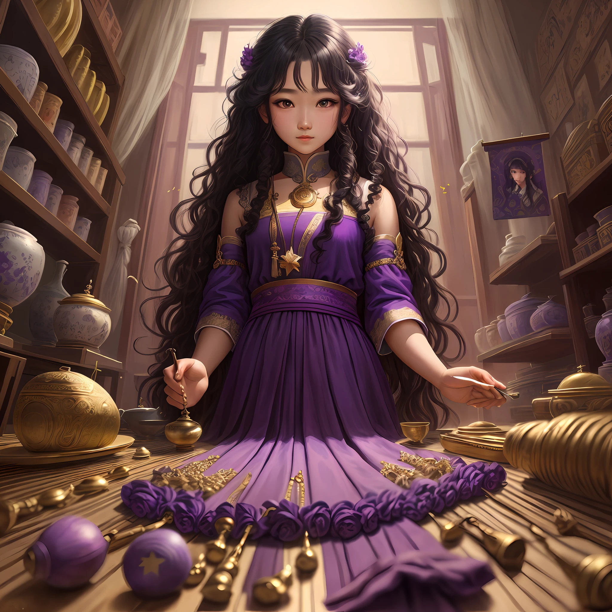 detailed background, masterpiece, best quality, 1 person,  Thai Period , curly hair, long hair, purple eyes, star in eye ,