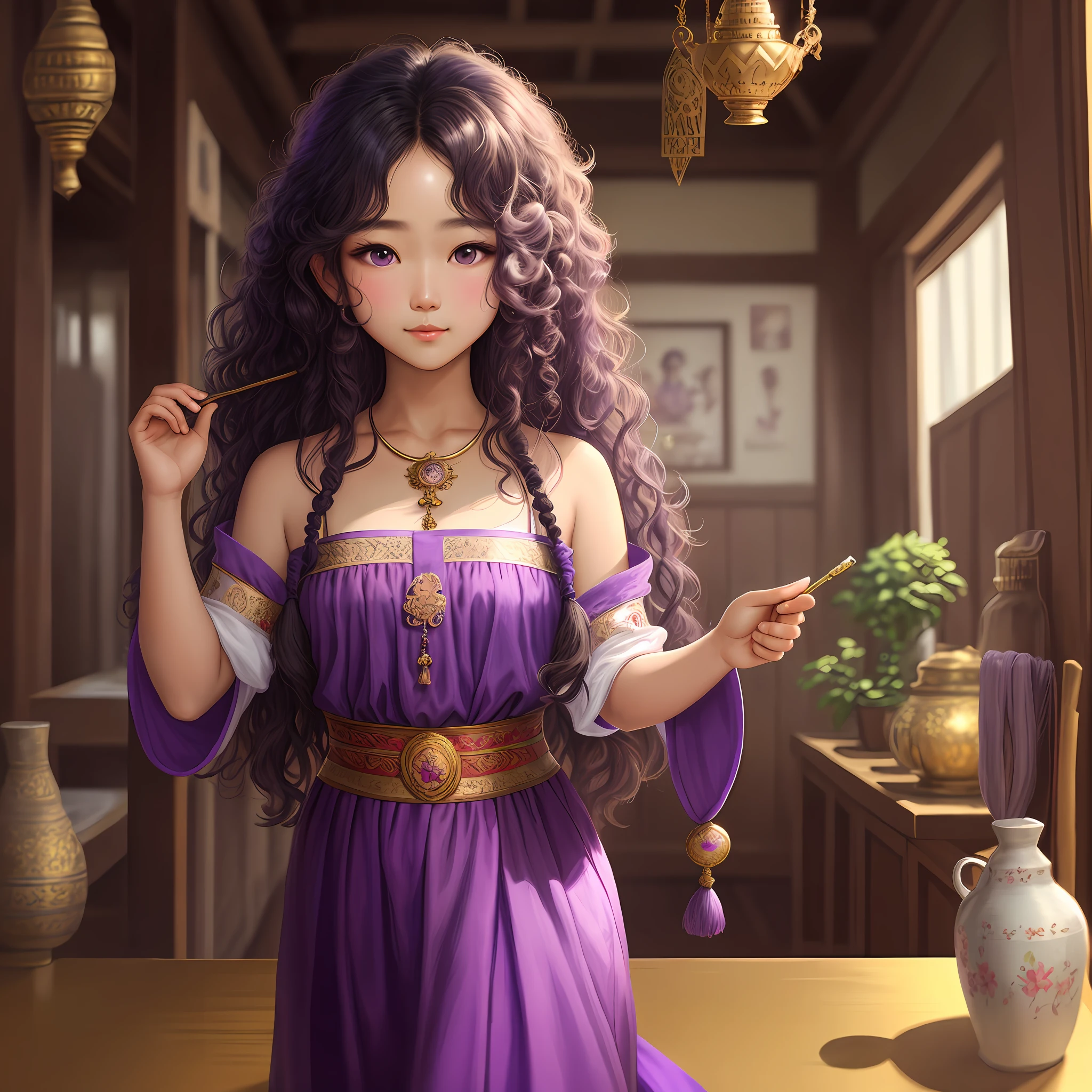 detailed background, masterpiece, best quality, 1 person,  Thai Period , curly hair, long hair, purple eyes, star in eye ,