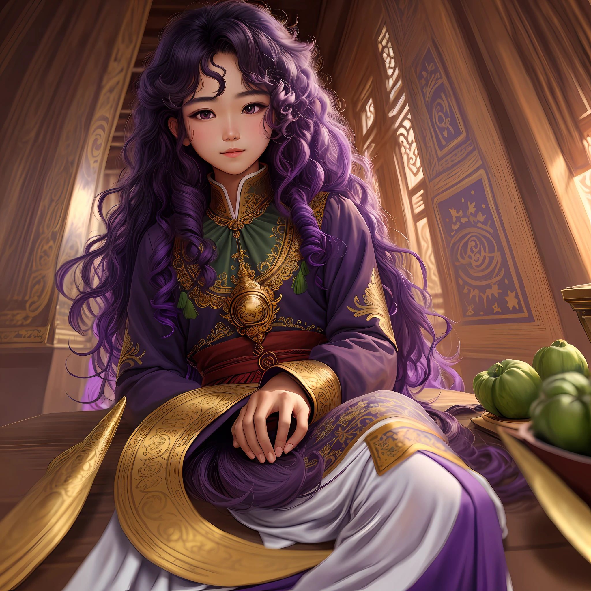 detailed background, masterpiece, best quality, 1 person, Thai Period , curly hair, long hair, purple eyes, star in eye ,