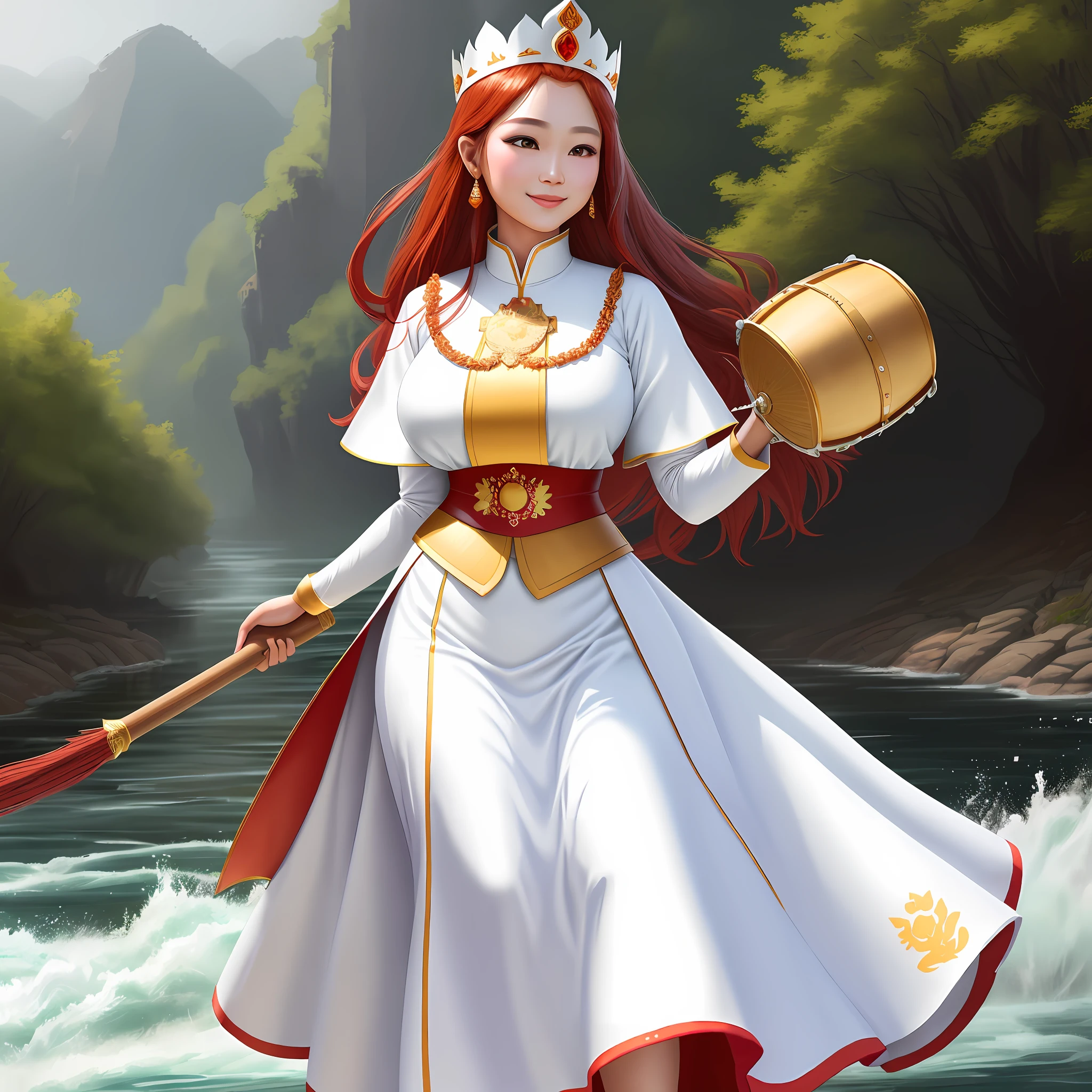 a burmese princess clothing traditional wearing Pantwar Bayinma, very beautifully white colored princess dresses, glow skin, smile face, face details, long dark red hair, crown on head, massive breasts, 32k resolutions, high performance, realistic style, full body, wide view, A raging river background, she holding big A wooden mace, Aiming to hit the leather barrel hard drum, beside of river