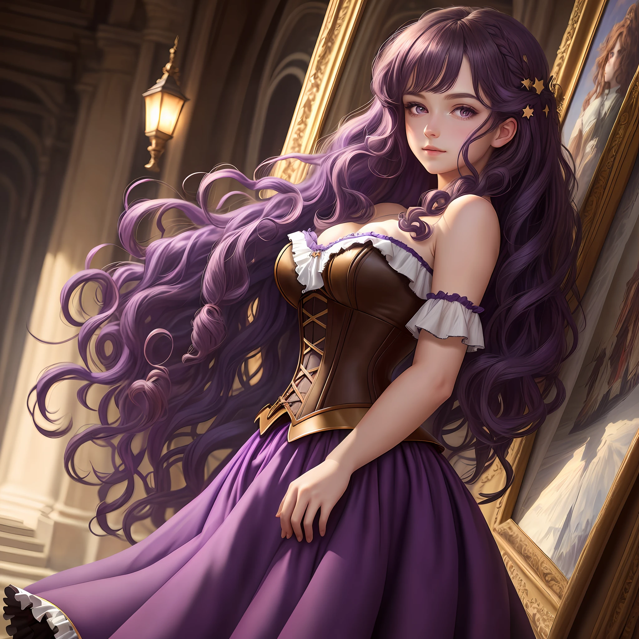 detailed background, masterpiece, best quality, 1 person , curly hair, long hair, purple eyes, star in eye , Strapless blouse, long corset skirt