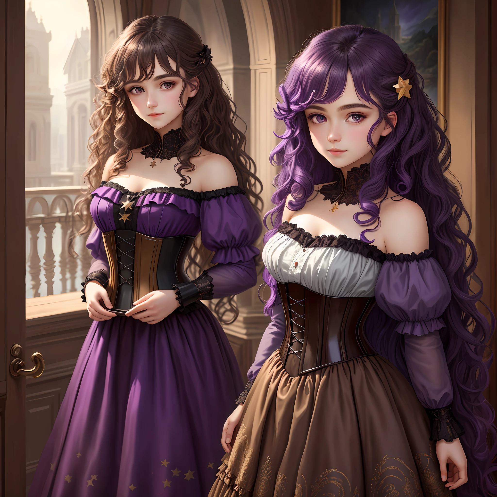 detailed background, masterpiece, best quality, 1 person , curly hair, long hair, purple eyes, star in eye , Strapless blouse, long corset skirt