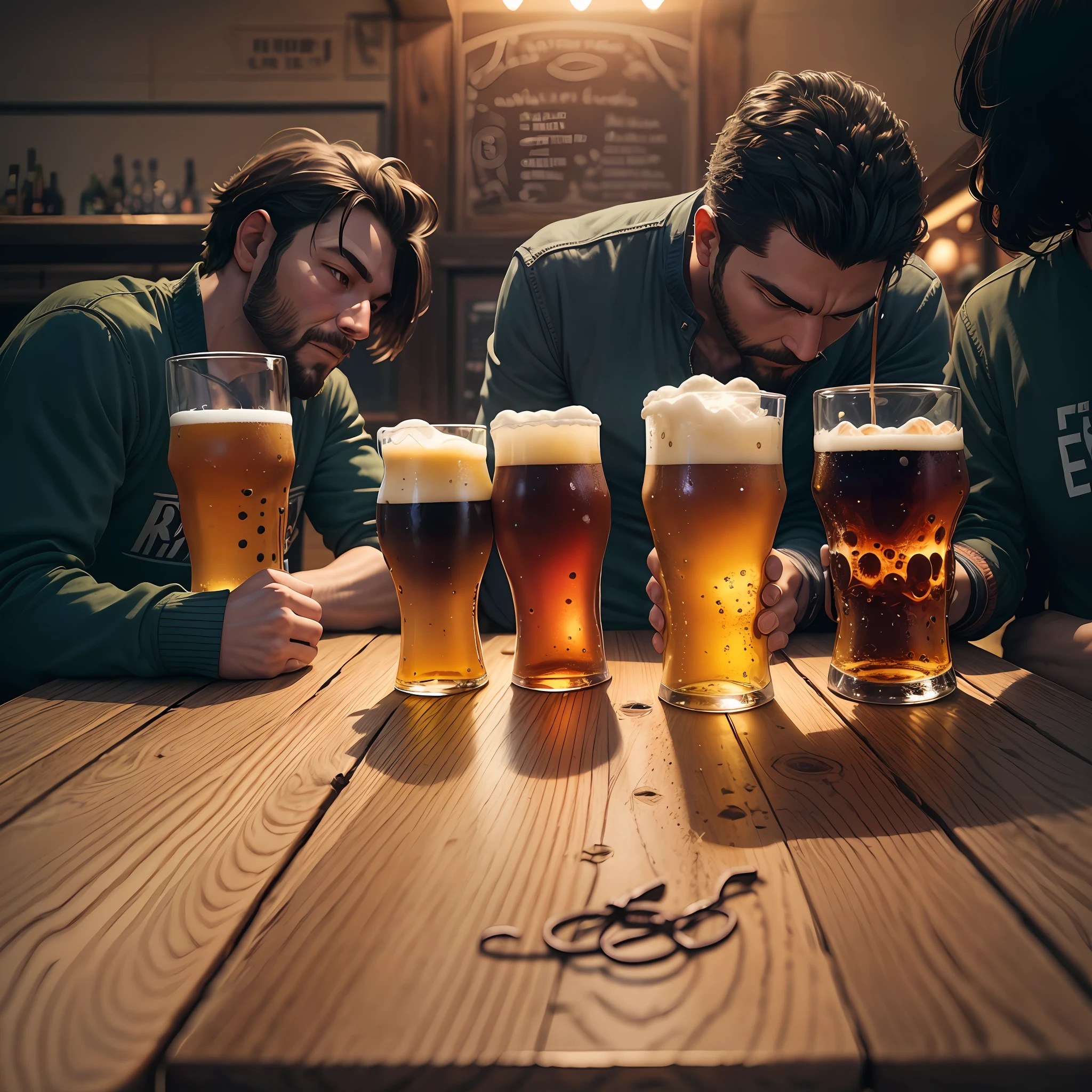 friends drinking beers at a bar table, relaxed, light and light atmosphere, someone makes notes about the tasting, no faces appear, rock 'n rool style, several beers on the table