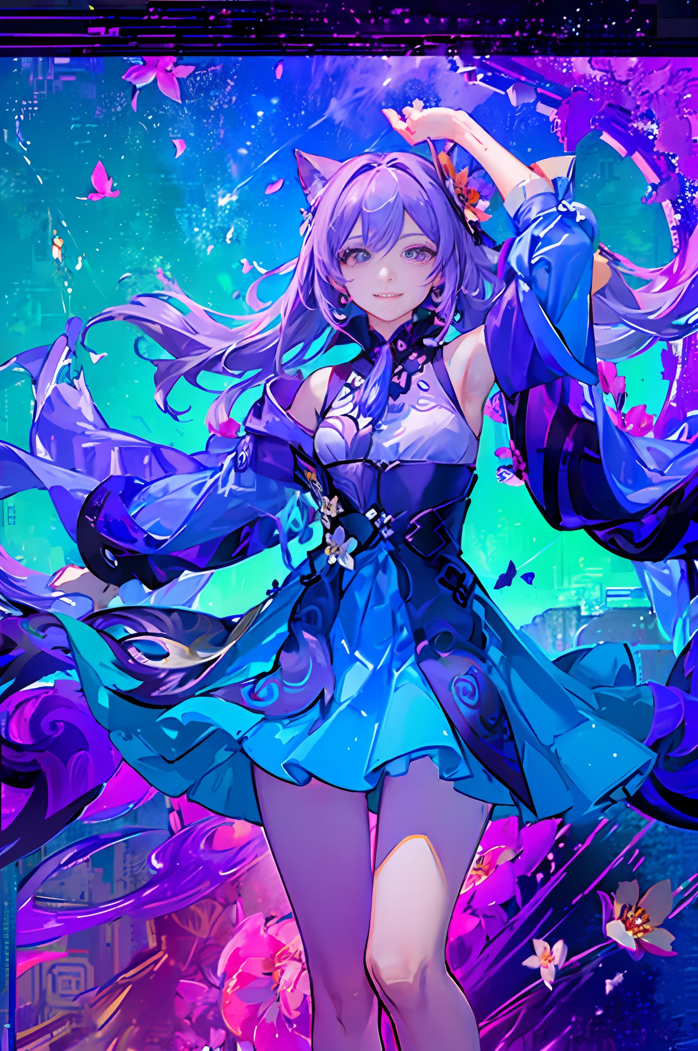 masterpiece, best quality,1girl, (colorful),(finely detailed beautiful eyes and detailed face),cinematic lighting,extremely detailed CG unity 8k wallpaper, (orchid hair), solo,((flying petal)),(Flowery meadow), chinese vibe, sky, cloudy_sky, chinese building, light, fantasy, dripping rain, sweet scent, (scar), fang tooth, (roses), (royal), white dress, no skirt, ((colorful)), ((queen)), (looking at viewers), purple themed, (( purple katana)), chinese kingdom, happiness, (powerful), (electric ambient), tsundere, Liyue, one arm up, wife,(purple flower chinese frame margin), electric sword, ((wry smile)), agile, cat hairstyle, blooming sakura