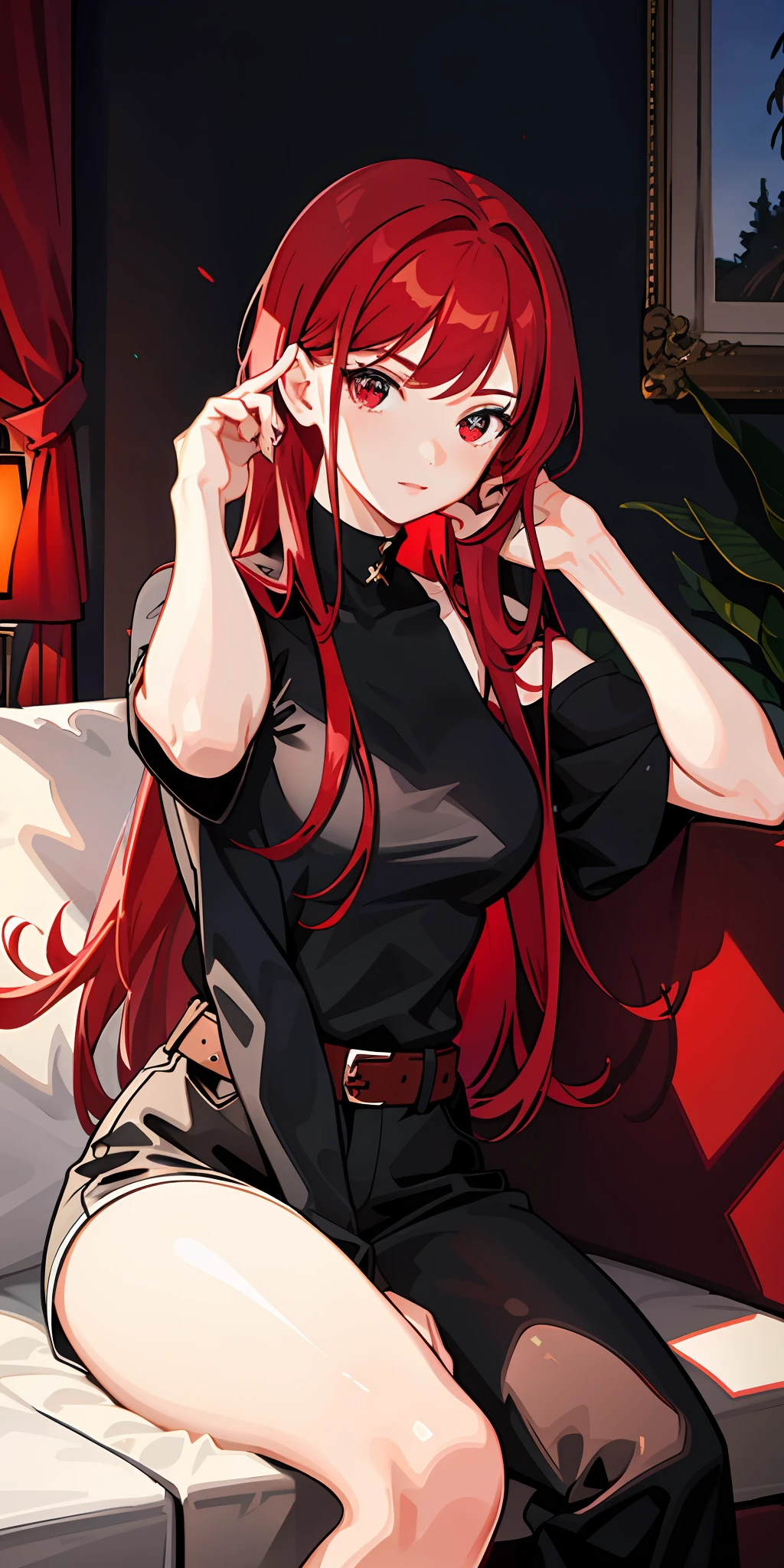 1girl, red hair, sexy , red eyes, sitting, sidelighting, light particles, wallpaper,