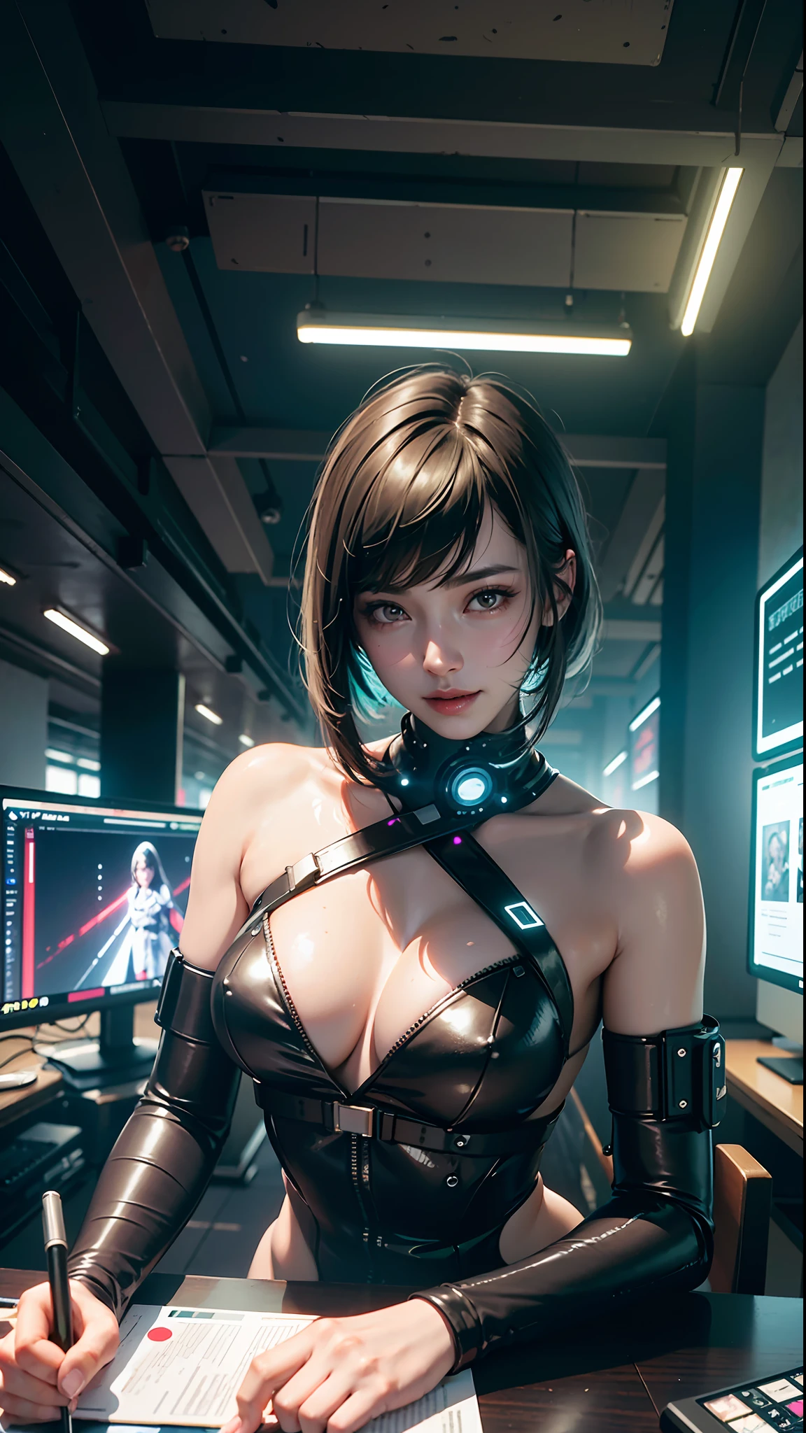 ((Best Quality)), ((Masterpiece)), (High Definition:1.3), 3D, Beautiful (Cyberpunk:1.3) Woman with Siyot Cut Hair, Computer Terminal, Computer Server, LCD Screen, Fiber Optic Cable, Corporate Logo, HDR (High Dynamic Range), Ray Tracing, NVIDIA RTX, Super Resolution, Unreal 5, Subsurface Scattering, PBR Texturing, Post-Processing, Anisotropic Filtering, Depth of Field, Maximum Clarity and Sharpness, Multilayer Textures, Albedo and Specular Maps, Surface Shading, Accurate Simulation of Light-Material Interactions, Perfect Proportions, Octane Rendering, Two-tone Lighting, Low ISO, White Balance, Rule of Thirds, Wide Aperture, 8K RAW, Efficient Subpixel, Subpixel Convolution, Luminescent Particles, Sexy Smile,