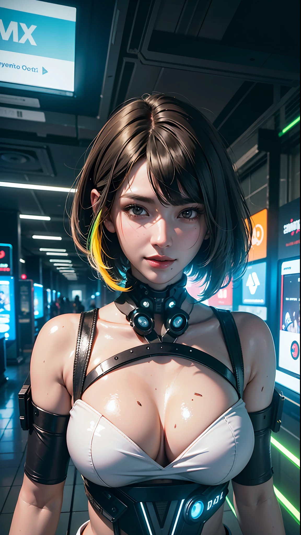 ((Best Quality)), ((Masterpiece)), (High Definition:1.3), 3D, Beautiful (Cyberpunk:1.3) Woman with Siyot Cut Hair, Computer Terminal, Computer Server, LCD Screen, Fiber Optic Cable, Corporate Logo, HDR (High Dynamic Range), Ray Tracing, NVIDIA RTX, Super Resolution, Unreal 5, Subsurface Scattering, PBR Texturing, Post-Processing, Anisotropic Filtering, Depth of Field, Maximum Clarity and Sharpness, Multilayer Textures, Albedo and Specular Maps, Surface Shading, Accurate Simulation of Light-Material Interactions, Perfect Proportions, Octane Rendering, Two-tone Lighting, Low ISO, White Balance, Rule of Thirds, Wide Aperture, 8K RAW, Efficient Subpixel, Subpixel Convolution, Luminescent Particles, Sexy Smile,