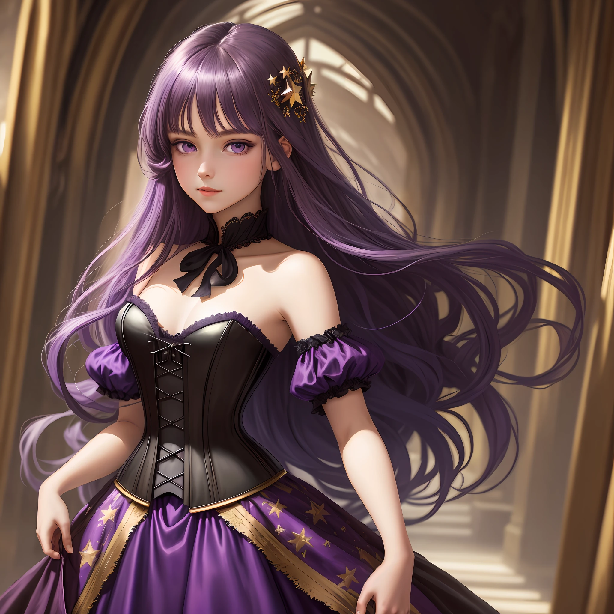 detailed background, masterpiece, best quality, 1 person , straight hair, long hair, purple eyes, star in eye , Strapless blouse, long corset skirt