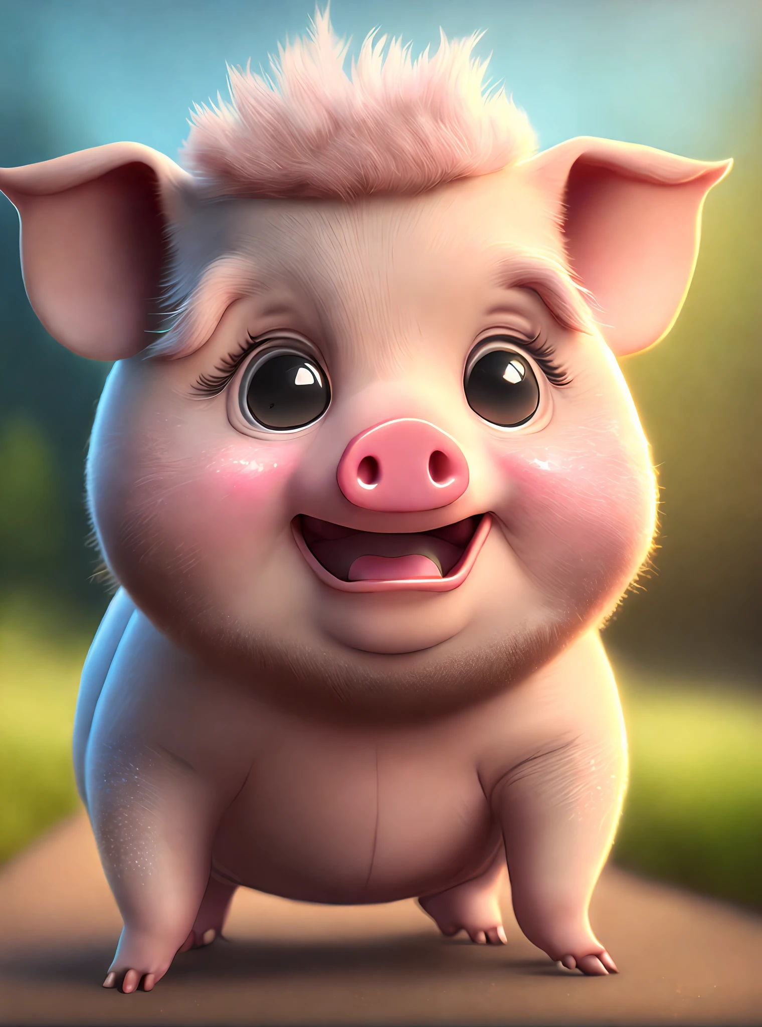 one happy cute baby pig, portrait, outdoors, background space, toon, pixar style, 3d, cartoon, detailed face, asymmetric, upper body