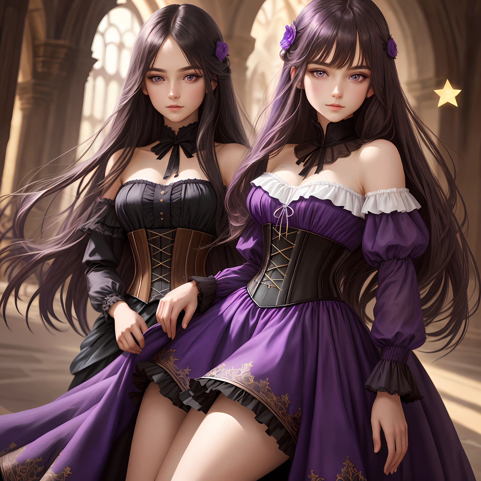 detailed background, masterpiece, best quality, 1 person , straight hair, long hair, purple eyes, star in eye , Strapless blouse, long corset skirt