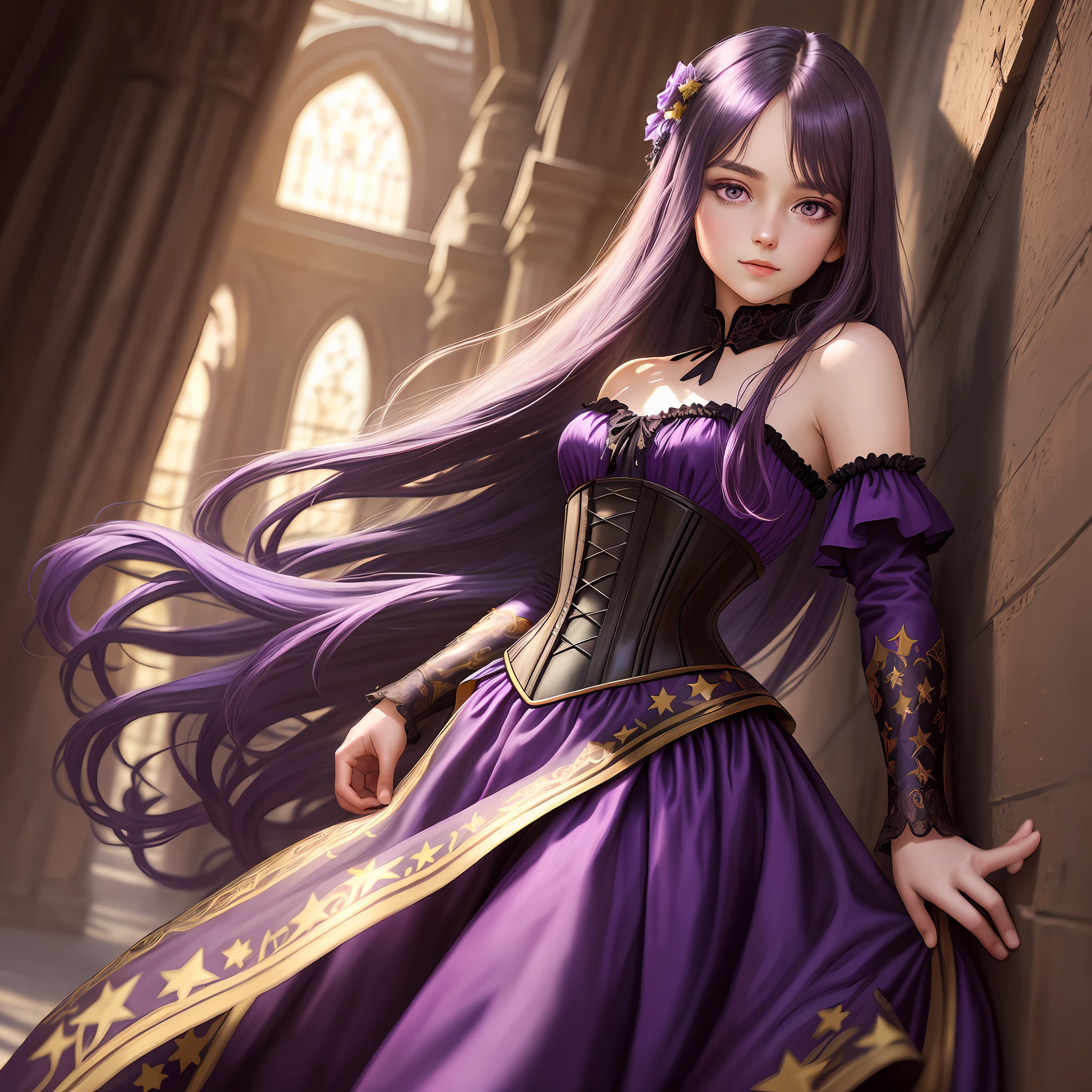 detailed background, masterpiece, best quality, 1 person , straight hair, long hair, purple eyes, star in eye , Strapless blouse, long corset skirt