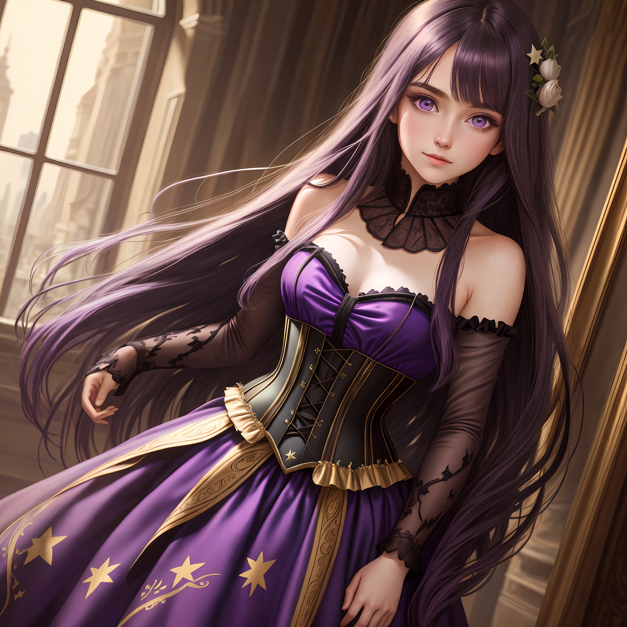 detailed background, masterpiece, best quality, 1 person , straight hair, long hair, purple eyes, star in eye , Strapless blouse, long corset skirt