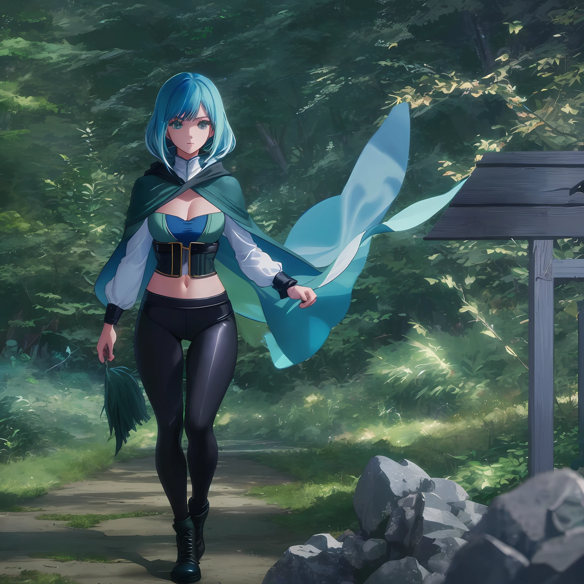 1girl, solo, blue hair, gradient hair, green hair, short hair, rogue thief girl, shot on canon 5d, cinematic, standing, black revealing top, cleavage, large breasts, thighs, tights, tight leggings, magic, doing magic, magic forest, forest background, fantasy, cloak, wearing cloak