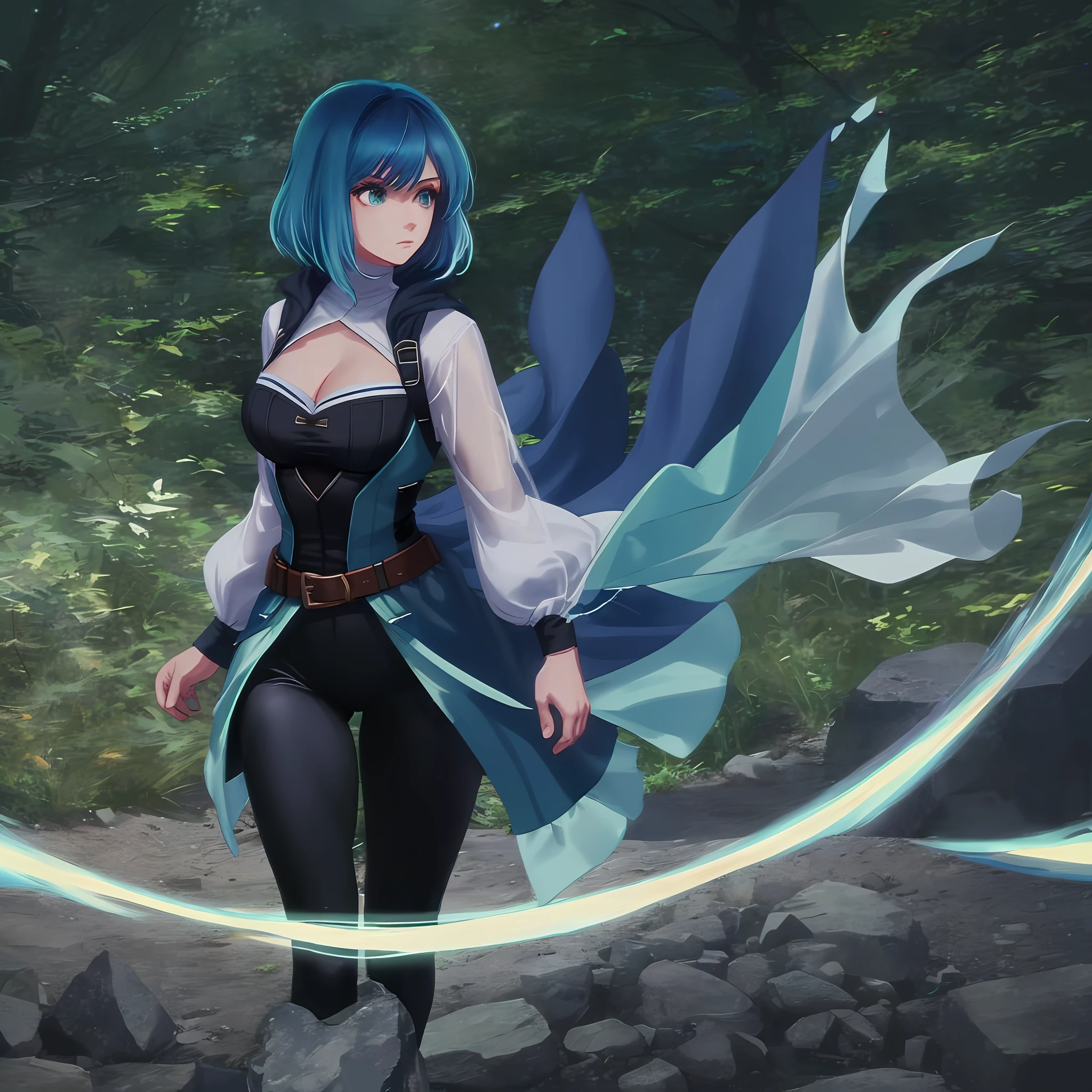 1girl, solo, blue hair, gradient hair, green hair, short hair, rogue thief girl, shot on canon 5d, cinematic, standing, black revealing top, cleavage, large breasts, thighs, tights, tight leggings, magic, doing magic, magic forest, forest background, fantasy, cloak, wearing cloak