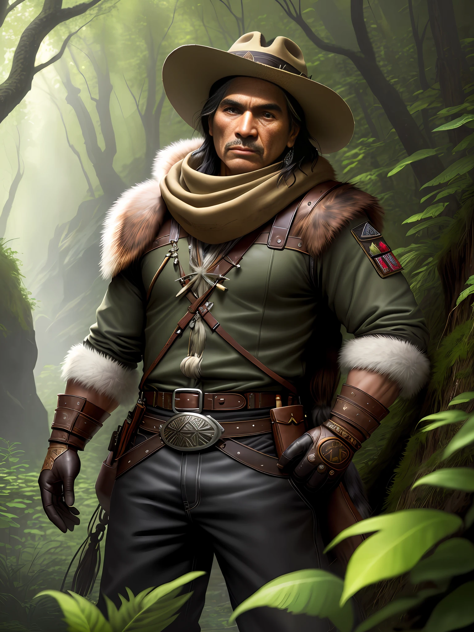 (masterpiece, best quality, high quality, highres, ultra-detailed), solo, half shot, looking down, detailed background, detailed face, (totempunkai, native american theme:1.1), trapper, trapmaker, brown fur lined leather clothing, belt, gloves, rugged, trappers hat, scarf, dynamic pose, snare, rope, lure, net, pelts, hides, campsite background, underbrush, fantasy frontier cinematic atmosphere,,