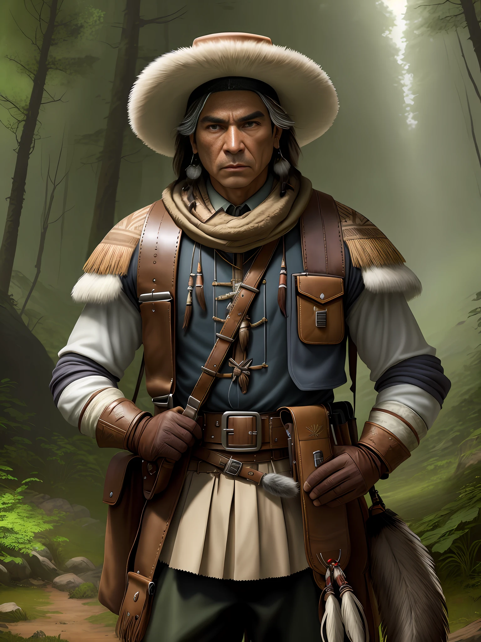 (masterpiece, best quality, high quality, highres, ultra-detailed), solo, half shot, looking down, detailed background, detailed face, (totempunkai, native american theme:1.1), trapper, trapmaker, brown fur lined leather clothing, belt, gloves, rugged, trappers hat, scarf, dynamic pose, snare, rope, lure, net, pelts, hides, campsite background, underbrush, fantasy frontier cinematic atmosphere,,