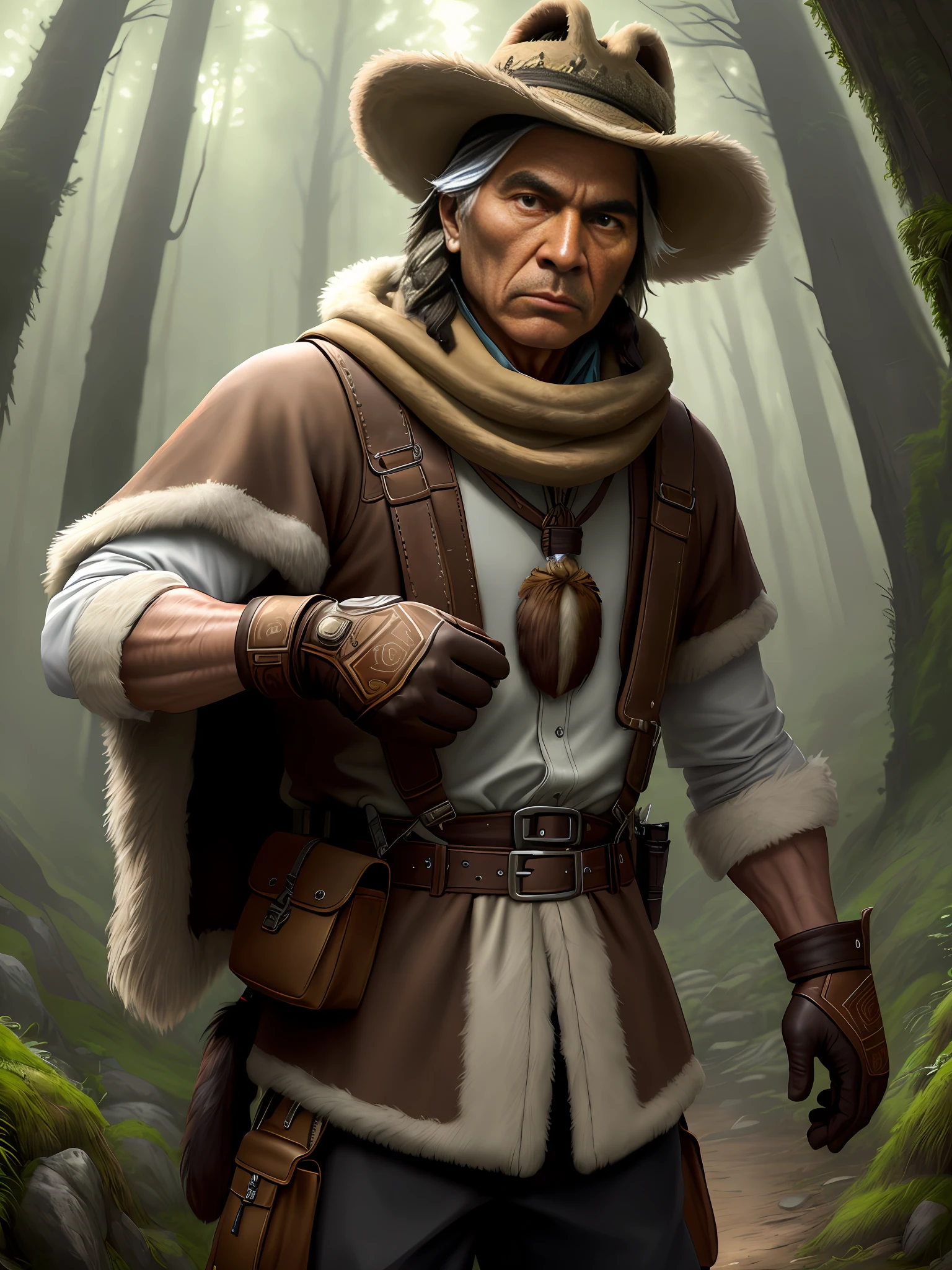 (masterpiece, best quality, high quality, highres, ultra-detailed), solo, half shot, looking down, detailed background, detailed face, (totempunkai, native american theme:1.1), trapper, trapmaker, brown fur lined leather clothing, belt, gloves, rugged, trappers hat, scarf, dynamic pose, snare, rope, lure, net, pelts, hides, campsite background, underbrush, fantasy frontier cinematic atmosphere,,