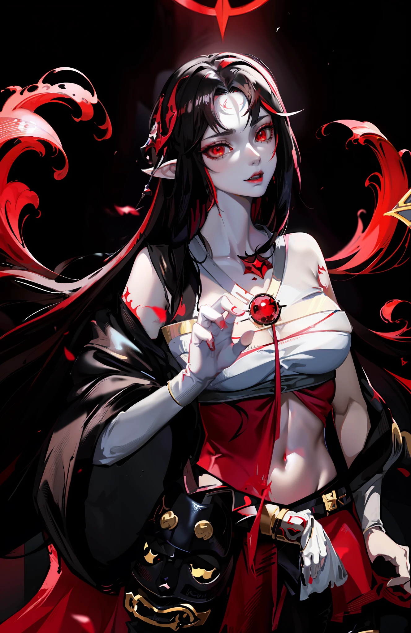 anime girl with red eyes and a white top holding a red bag, black - haired mage, succubus | medieval, albedo from the anime overlord, morgana from league of legends, made with anime painter studio, senna from league of legends, samira from league of legends, albedo from overlord, gapmoe yandere grimdark