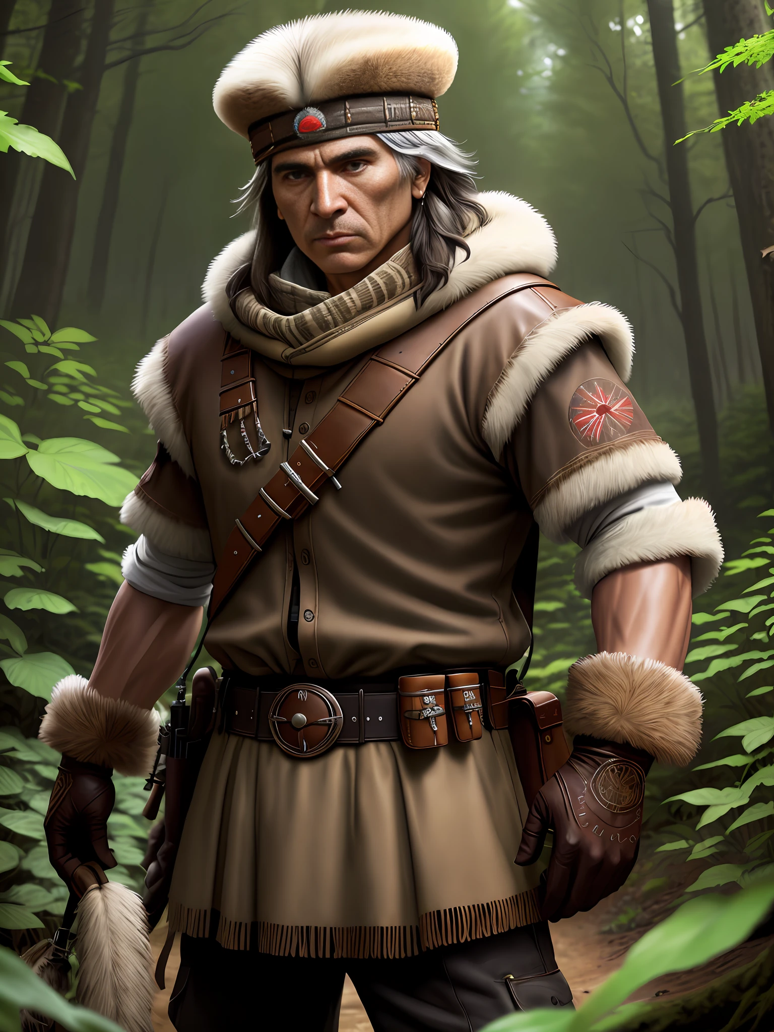 (masterpiece, best quality, high quality, highres, ultra-detailed), solo, half shot, looking down, detailed background, detailed face, (totempunkai, native american theme:1.1), trapper, trapmaker, brown fur lined leather clothing, belt, gloves, rugged, trappers hat, scarf, dynamic pose, snare, rope, lure, net, pelts, hides, campsite background, underbrush, fantasy frontier cinematic atmosphere,,