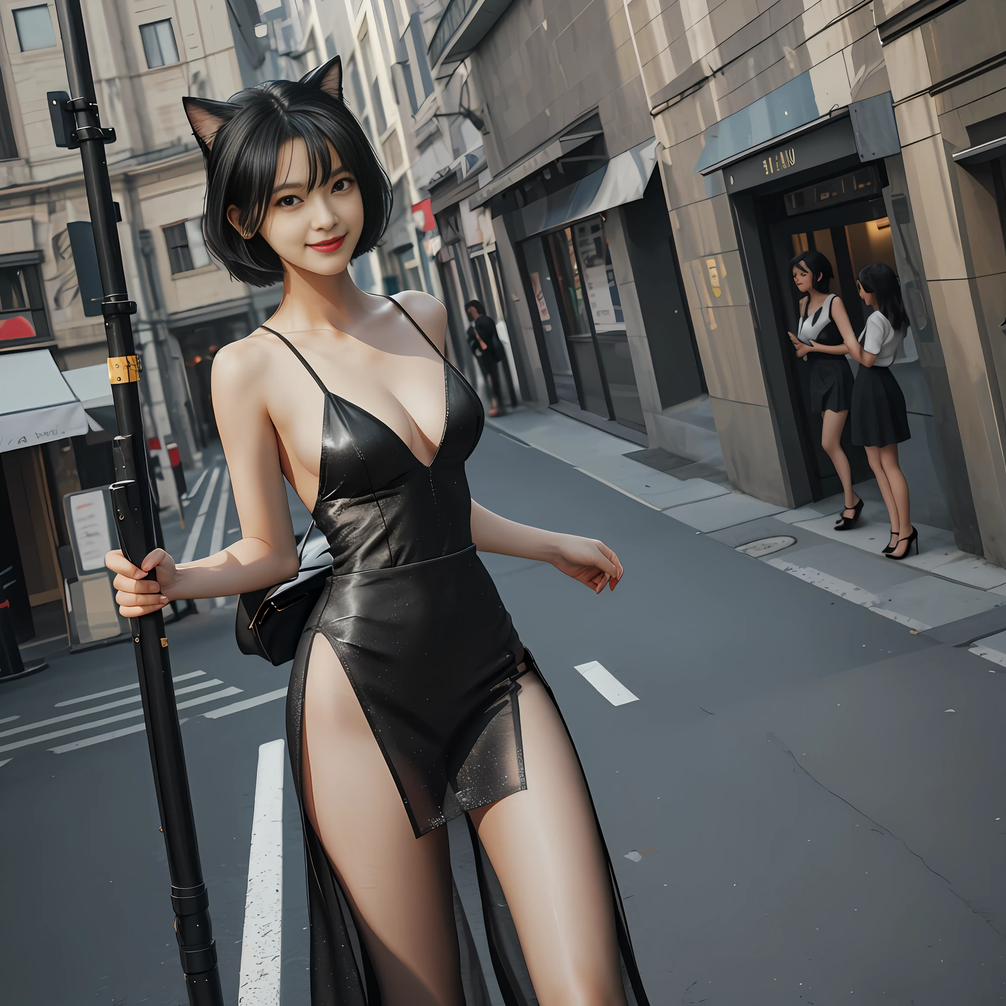 (Best Quality, Masterpiece: 1.4), (Realism: 1.2), (Absurdity: 1.2), 4K, Detailed, Ultra Detailed, Detailed Face, Pedestrian Street, Sidewalk, (Ultra Detailed Eyes: 1.2), Beauty, Slip Dress, Low Cut, Miniskirt, (Bare Back: 1.3), Smile, High Slit End, Tights, Long Legs, Stiletto Heels, Short Black Hair, Cat Ears