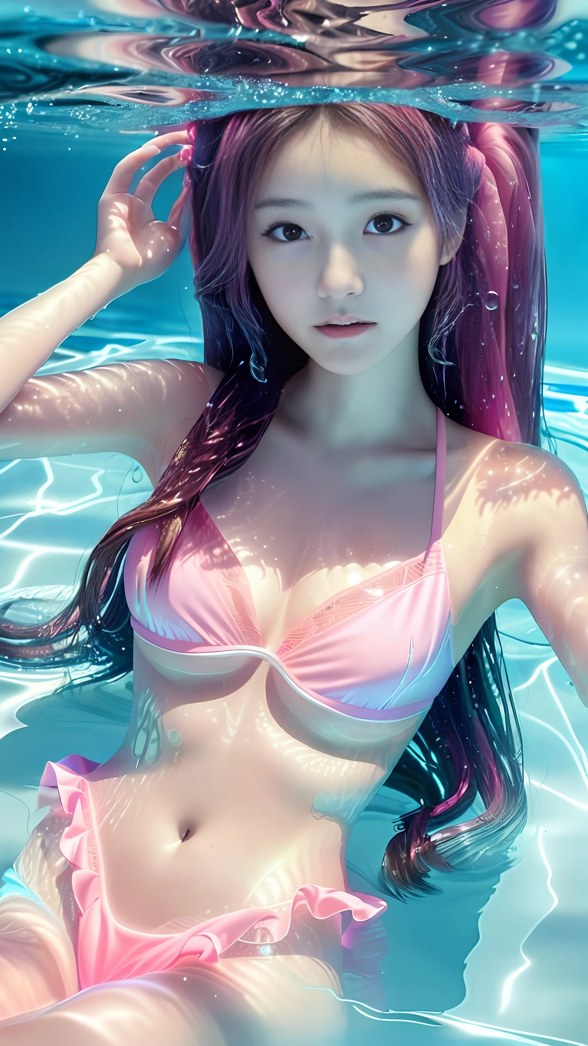 a  girl,under water,(water above head),(water drops convered),make up,(wear transparent pink sexy lace),long hair,beautiful skin,UHD,8K