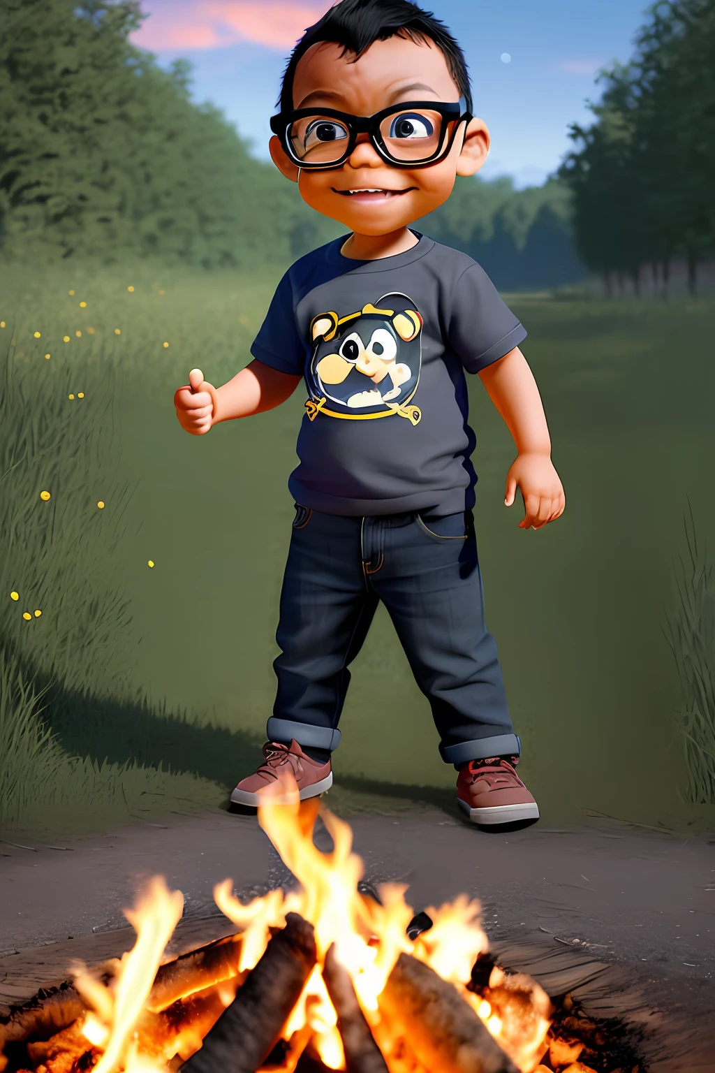 guttonerdinho01, In the scene, a 3--old is depicted wearing glasses and dressed in a cozy knit plaid shirt and worn jeans. He sports a straw hat on his head, adding to his adorable, rustic appearance. The setting is a farm, where the boy is positioned in front of a crackling (((campfire)).
The scene takes place in a (((dark night))), with a sky full of twinkling stars. The darkness creates a warm and mysterious atmosphere, contrasting with the bright glow of the fire. The stars shine brightly, illuminating the surrounding landscape. The scene takes place in an open field, with hints of farm structures in the background.
The drawing style is chibi, characterized by exaggerated and cute proportions. The influence of the artist, Alex Ross, is evident in the attention to detail and unique interpretation of the characters. Unreal Engine is a powerful graphics engine that can be used to create immersive, high-quality visual experiences.