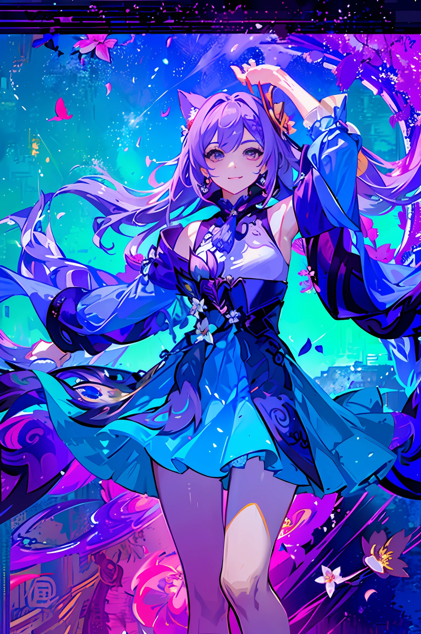 masterpiece, best quality,1girl, (colorful),(finely detailed beautiful eyes and detailed face),cinematic lighting,extremely detailed CG unity 8k wallpaper, (orchid hair), solo,((flying petal)),(Flowery meadow), chinese vibe, sky, cloudy_sky, chinese building, light, fantasy, dripping rain, sweet scent, (scar), fang tooth, (roses), (royal), white dress, no skirt, ((colorful)), ((queen)), (looking at viewers), purple themed, (( purple katana)), chinese kingdom, happiness, (powerful), (electric ambient), tsundere, Liyue, one arm up, wife,(purple flower chinese frame margin), electric sword, ((wry smile)), agile, cat hairstyle, blooming sakura