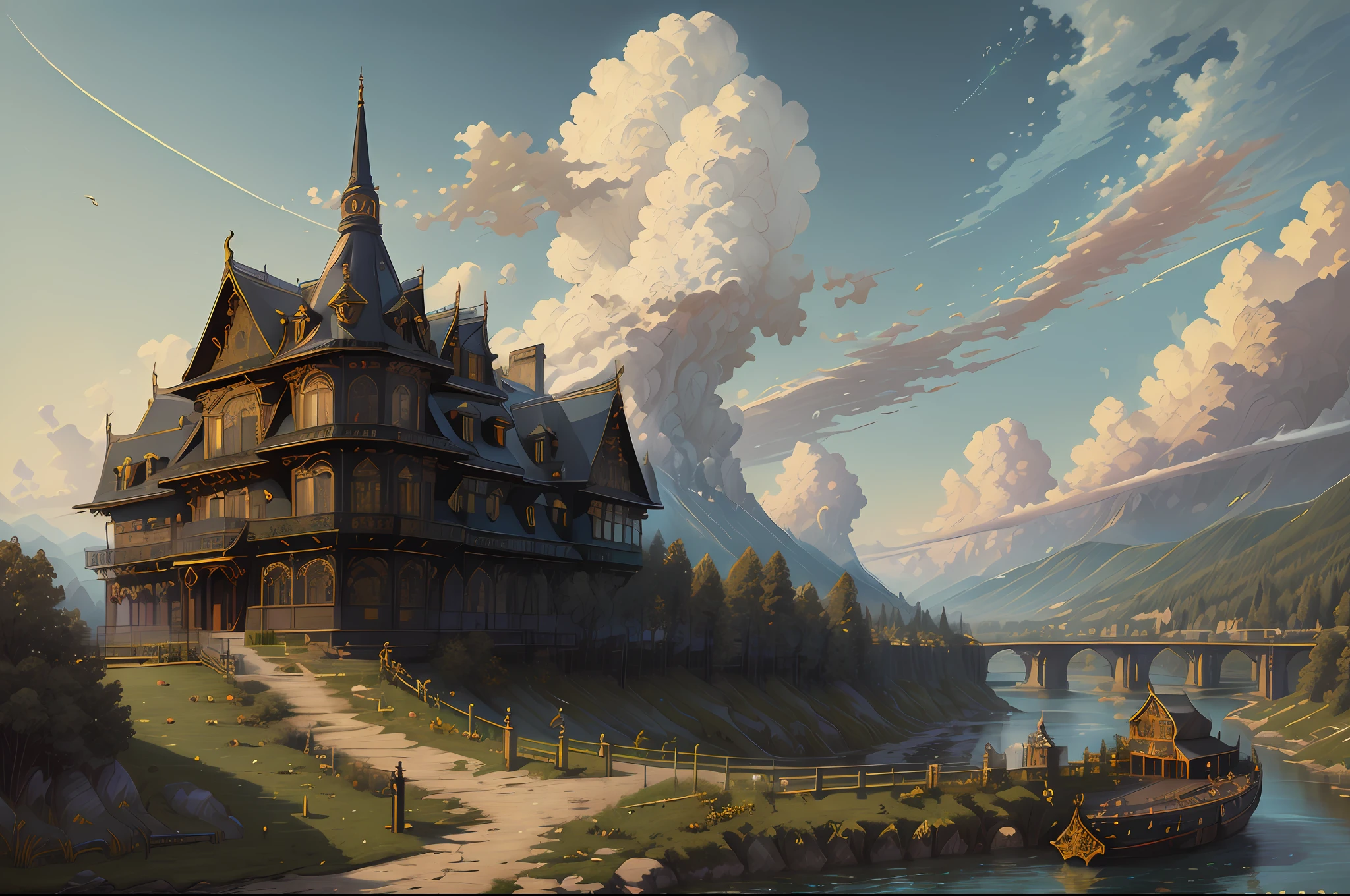 EbonyGoldAI masterpiece, best quality, high quality, high resolution, (((beautiful detailed sky))), grandeur, cottage, grand(magnificent, splendid), sight(view), great spectacle, High-definition, ((best shadow)), realistic, nature, scenery, cloud, mountain, grass, rock, hill, Cliff, tree, sidewalk, only background, the night sky, moonlight, ((ultra-detailed)), (best illustration), ((an extremely delicate and beautiful)), dynamic angle, river, trail, bench, Highest-quality image quality, Quiet, far_away