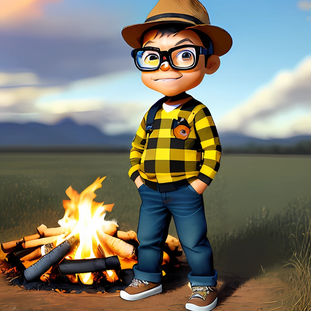 guttonerdinho01, In the scene, a 3--old is depicted wearing glasses and dressed in a cozy knit plaid shirt and worn jeans. He sports a straw hat on his head, adding to his adorable, rustic appearance. The setting is a farm, where the boy is positioned in front of a crackling (((campfire)).
The scene takes place in a (((dark night))), with a sky full of twinkling stars. The darkness creates a warm and mysterious atmosphere, contrasting with the bright glow of the fire. The stars shine brightly, illuminating the surrounding landscape. The scene takes place in an open field, with hints of farm structures in the background.
The drawing style is chibi, characterized by exaggerated and cute proportions. The influence of the artist, Alex Ross, is evident in the attention to detail and unique interpretation of the characters. Unreal Engine is a powerful graphics engine that can be used to create immersive, high-quality visual experiences.