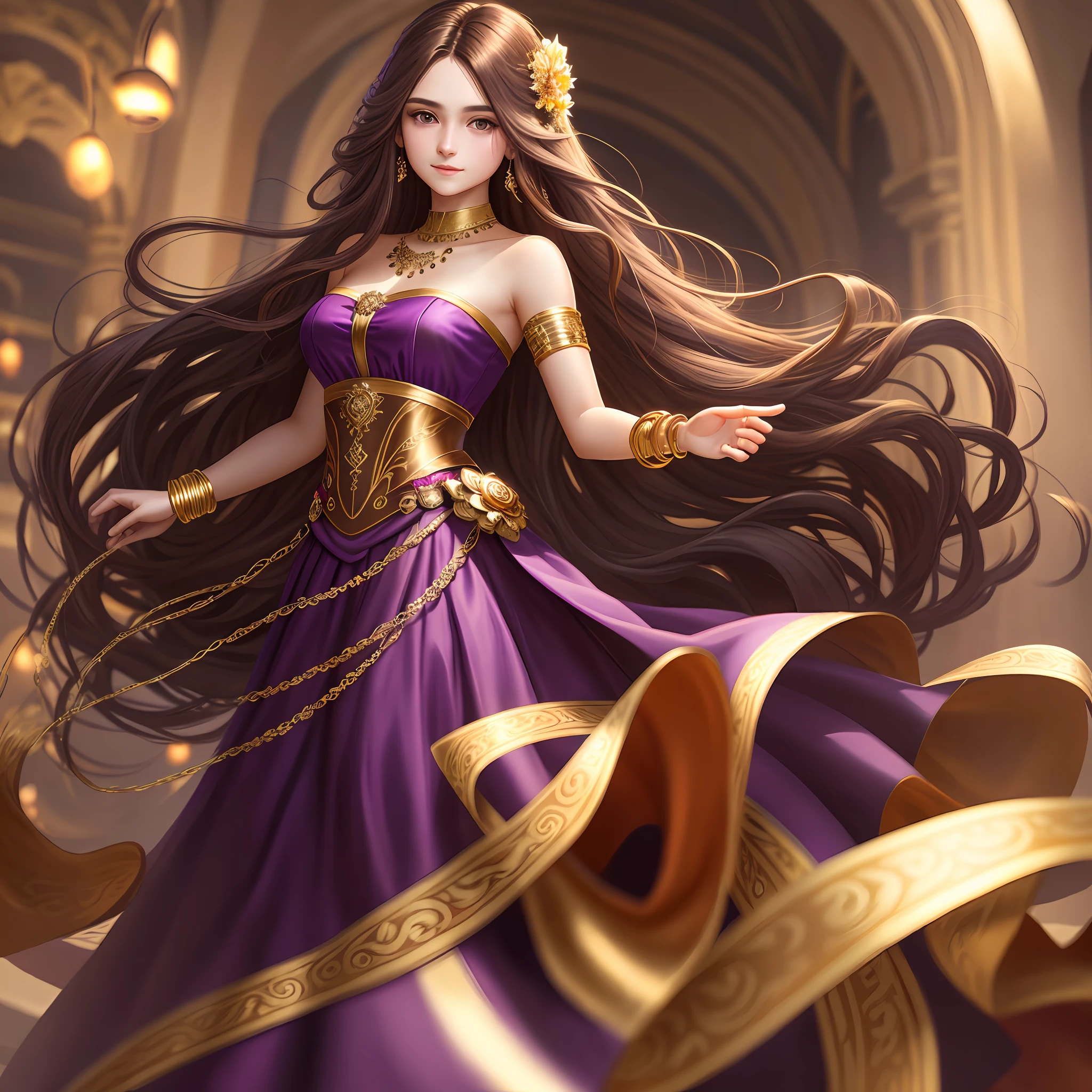 detailed background, masterpiece, best quality, 1 person , long hair, brown color hair ,purple eyes , Strapless blouse, long skirt, bright gold bangle,