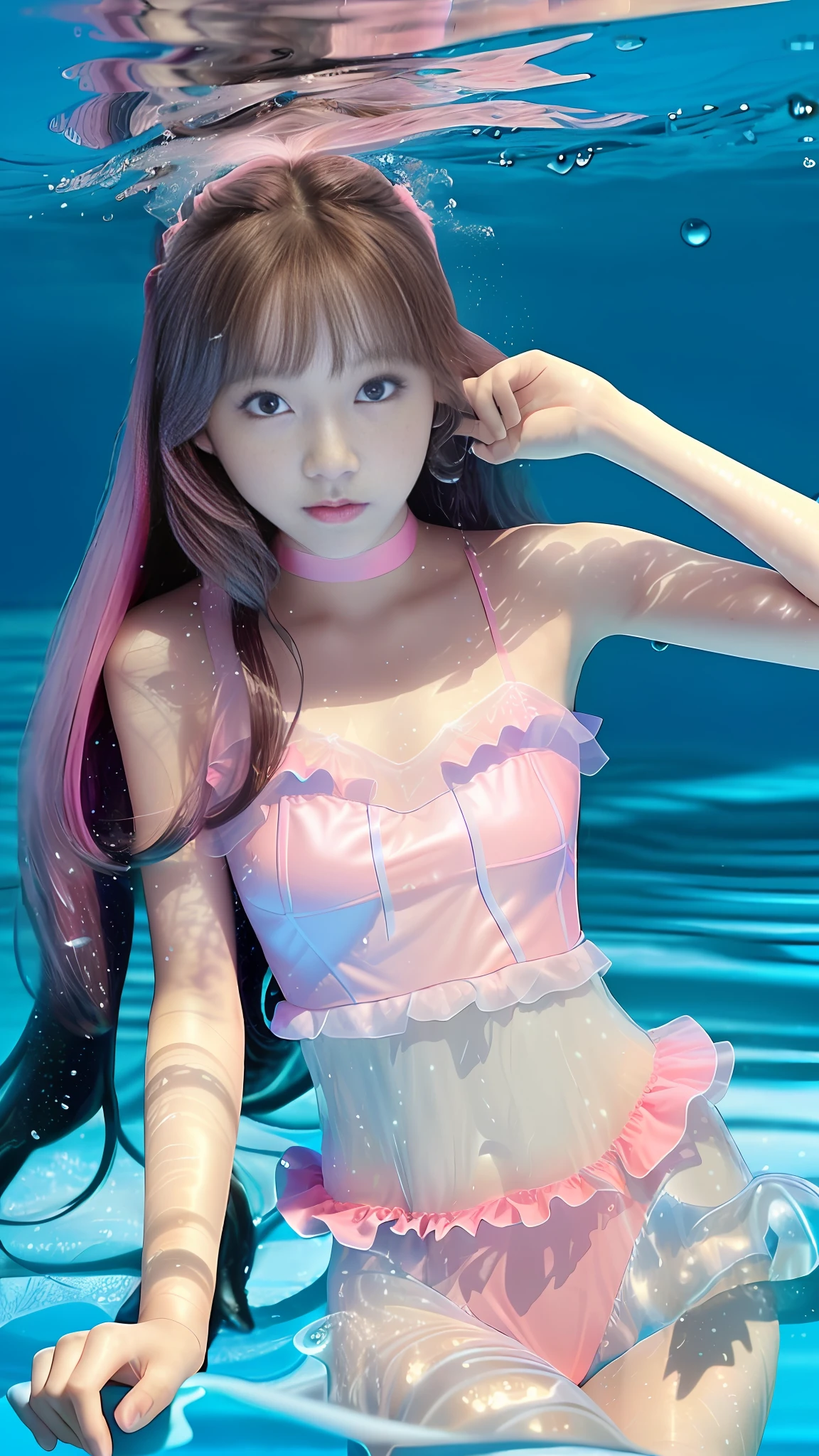 a girl,under deep blue sea,(water above head),(water drops convered),make up,(wear transparent pink sexy lace),long hair,beautiful skin,UHD,8K