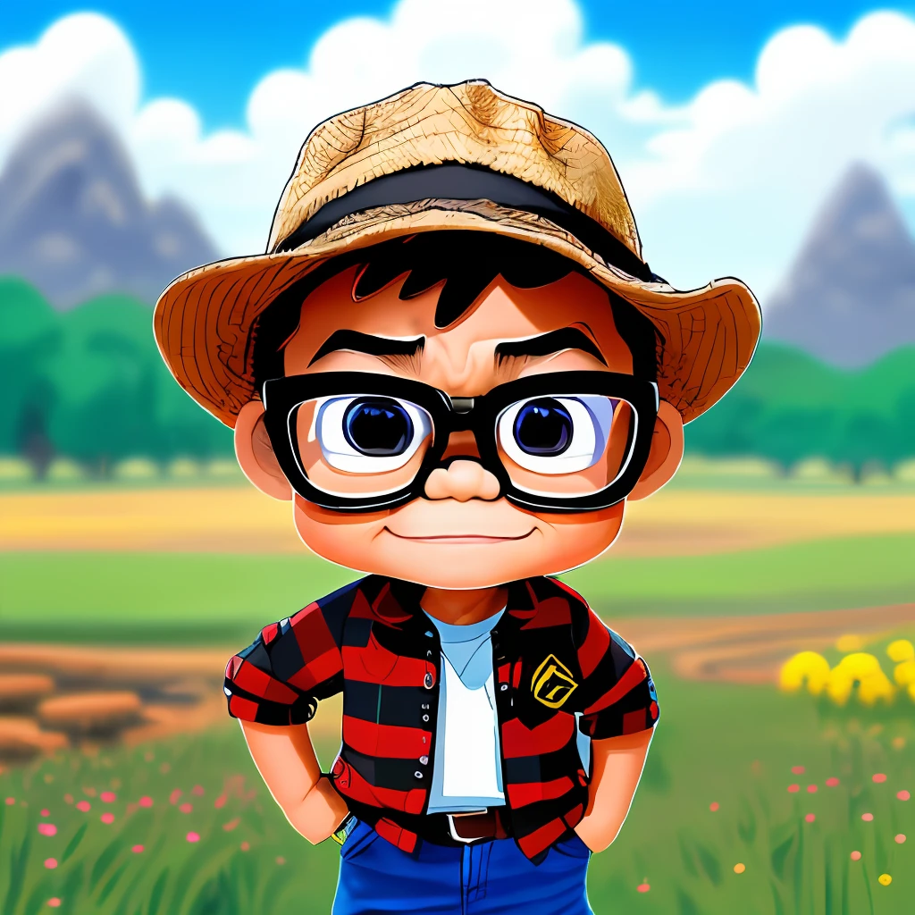 guttonerdinho01, In the scene, a 3--old  is depicted wearing glasses and dressed in a cozy knit plaid shirt and worn jeans. He sports a straw hat on his head, adding to his adorable, rustic appearance. The setting is a farm, where the boy is positioned in front of a crackling (((campfire)).

The scene takes place in a (((dark night))), with a sky full of twinkling stars. The darkness creates a warm and mysterious atmosphere, contrasting with the bright glow of the fire. The stars shine brightly, illuminating the surrounding landscape. The scene takes place in an open field, with hints of farm structures in the background.

The drawing style is chibi, characterized by exaggerated and cute proportions. The influence of the artist, Alex Ross, is evident in the attention to detail and unique interpretation of the characters. Unreal Engine is a powerful graphics engine that can be used to create immersive, high-quality visual experiences.